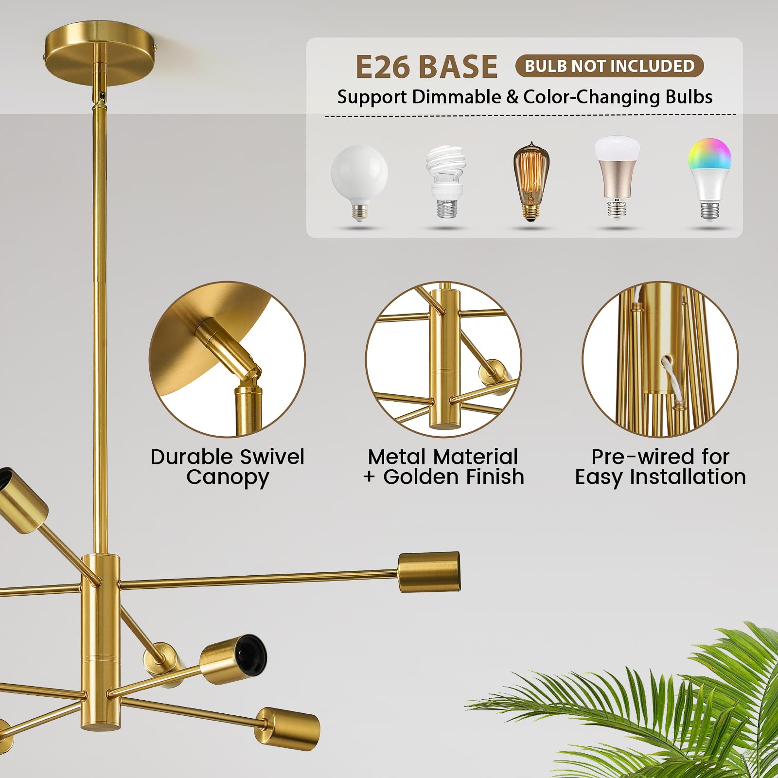 Kaisite Modern Chandelier Sputnik Ceiling Light Fixture 8-Light Gold Chandelier Dining Room Light Over Table Height Adjustable M