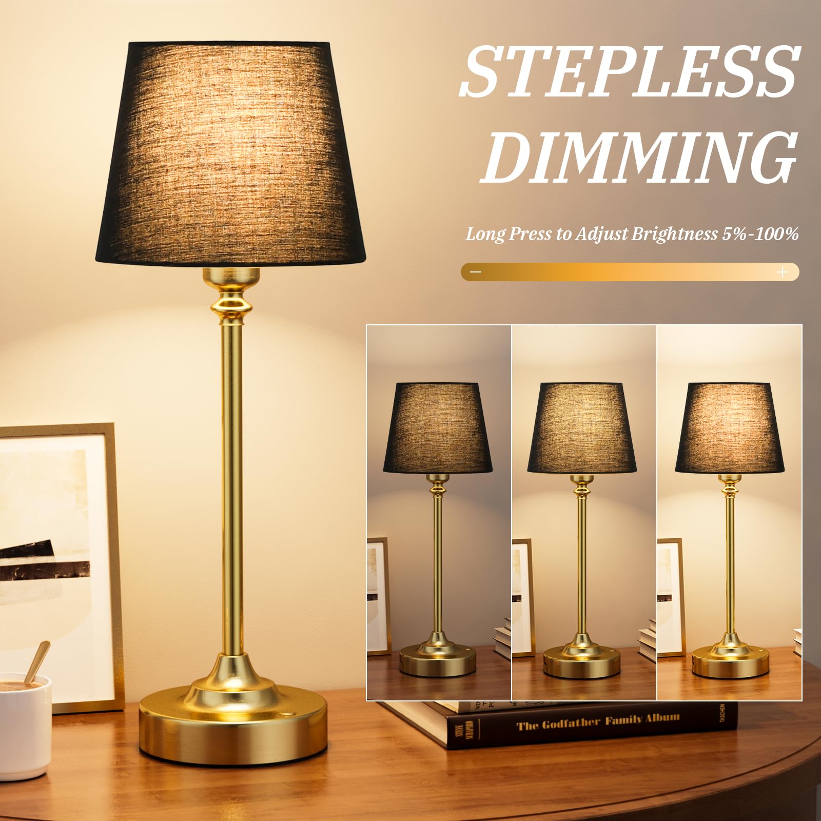 Cordless Table Lamps Rechargeable Set - 2 Pack Brass 4000Mah Battery Operated Lamps For Decor, 3000K Stepless Dimming Touch Cont