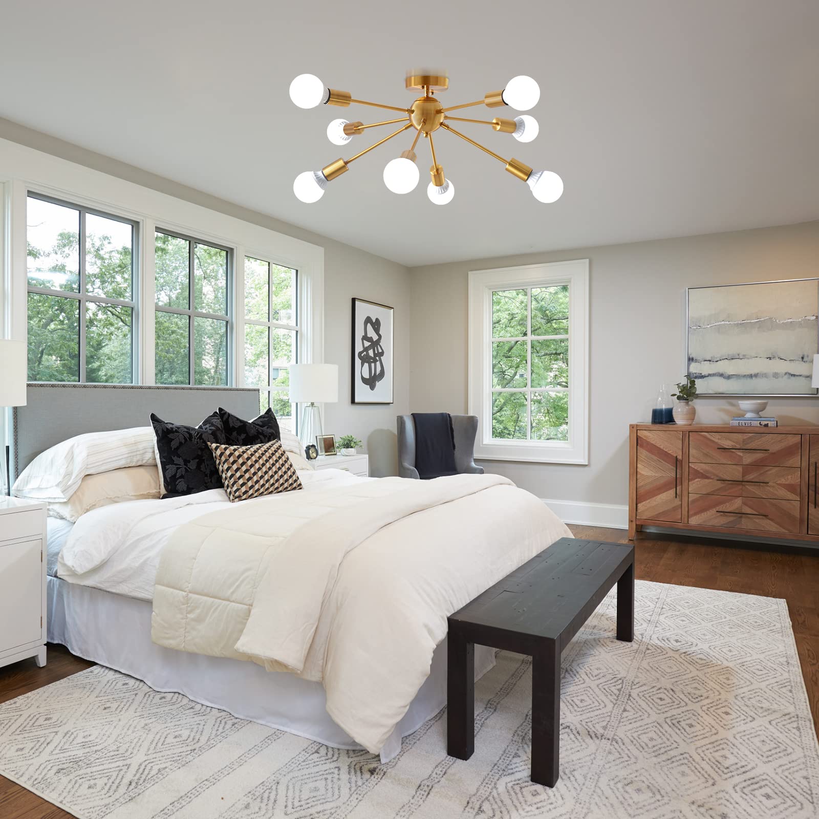 Kostomo 8 Light Sputnik Ceiling Light Brushed Gold Chandelier Brass Rustic Semi Flush Mount Ceiling Light Modern Kitchen Light Fixtures Chandeliers For Dining Room Bedroom Kitchen Ceiling Light