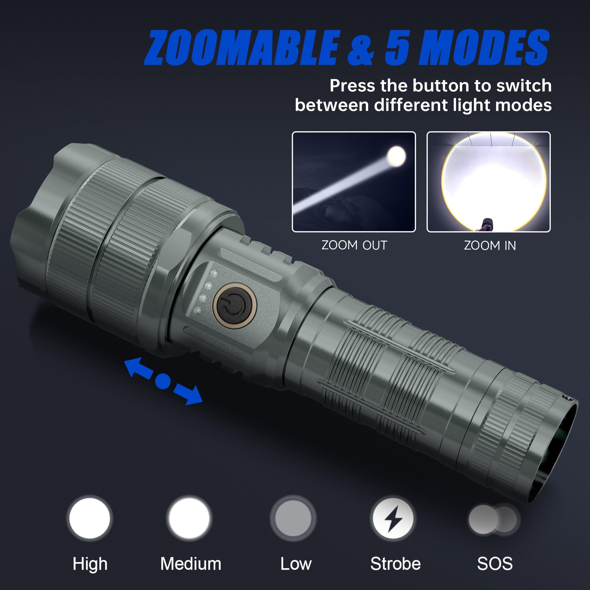 TECBOTT Rechargeable LED Flashlight 900000 High Lumens Zoomable Tactical Standard Dark Cyan TC-380d IPX6 Waterproof