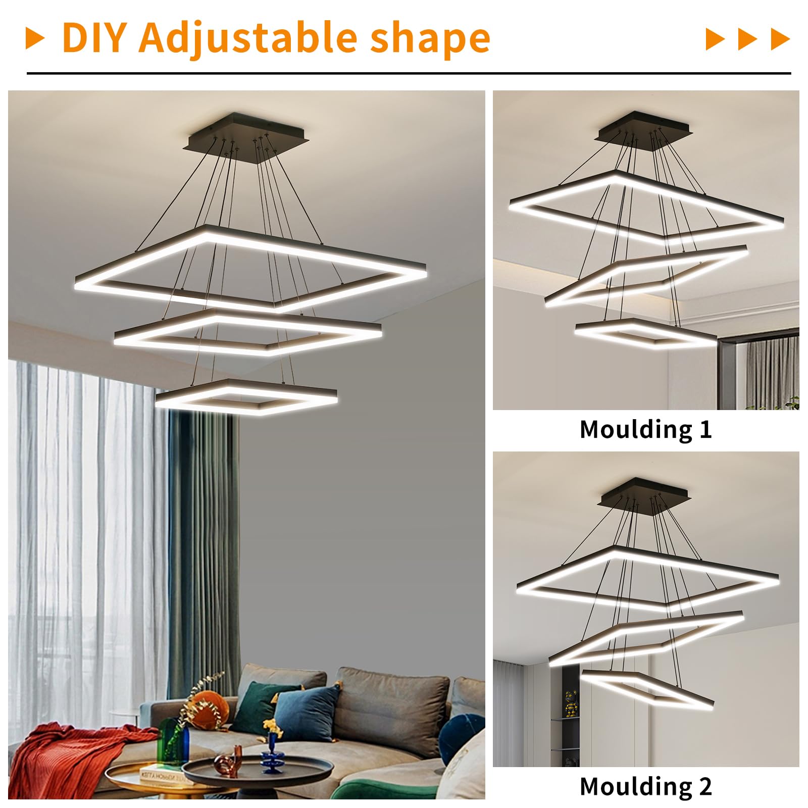 Matven Pendant Lights Ceiling Chandelier, Remote Control, Dimmable 3 Color Modes, 15.7+23.6+31.4in, Black, Acrylic Anti-Flicker Fixture