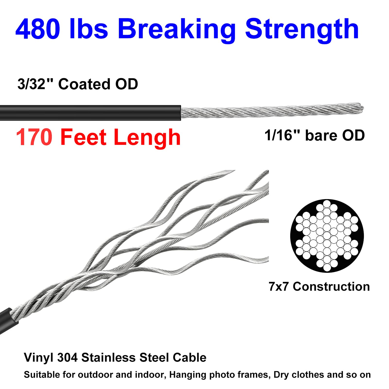 Blika 170Ft Globe String Light Suspension Kit, Black Stainless Steel Hanging Wire