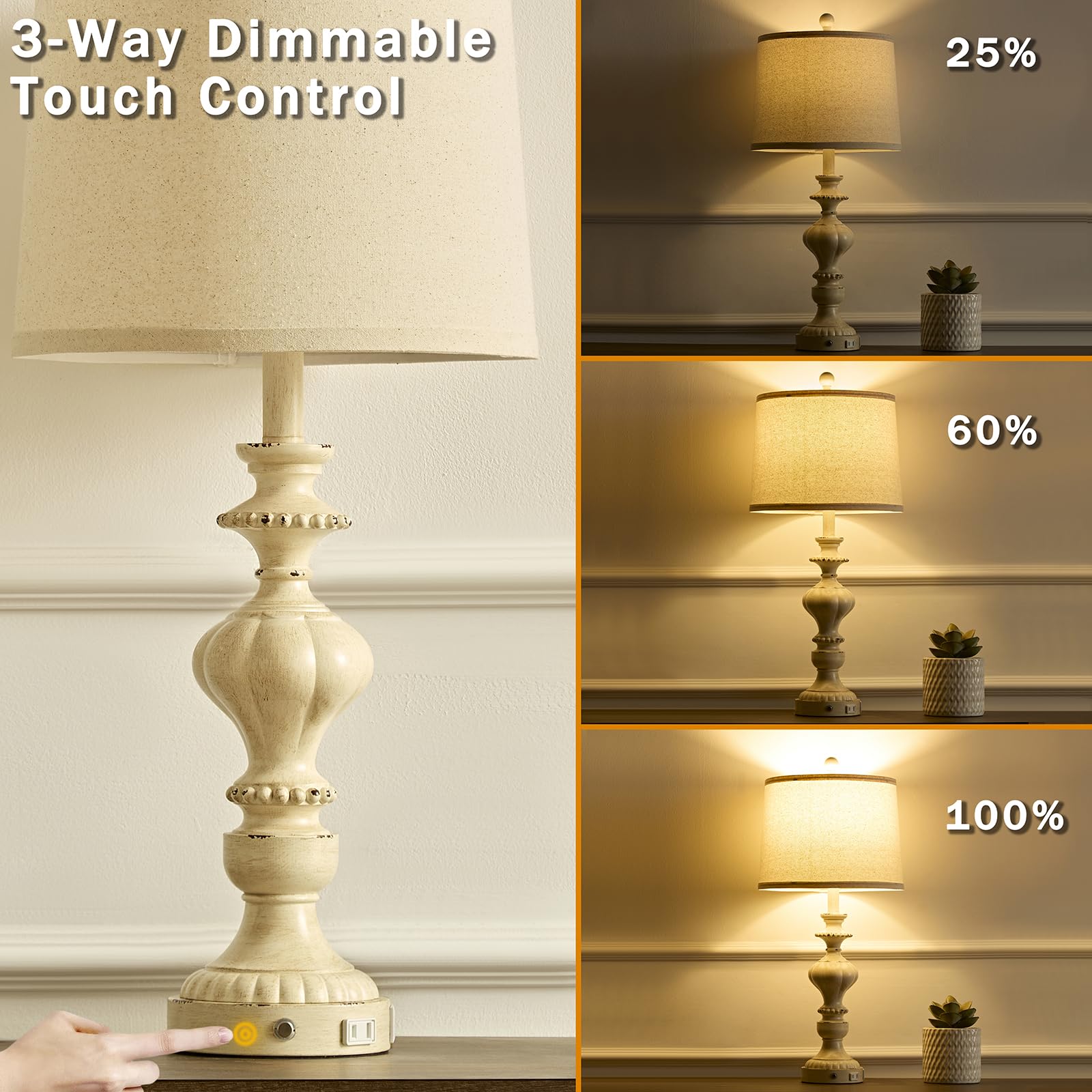 SAIWEYA 27.5" Farmhouse Touch Table Lamps Set of 2, USB C+A Ports, 3-Way Dimmable, White Washed, Medium Size