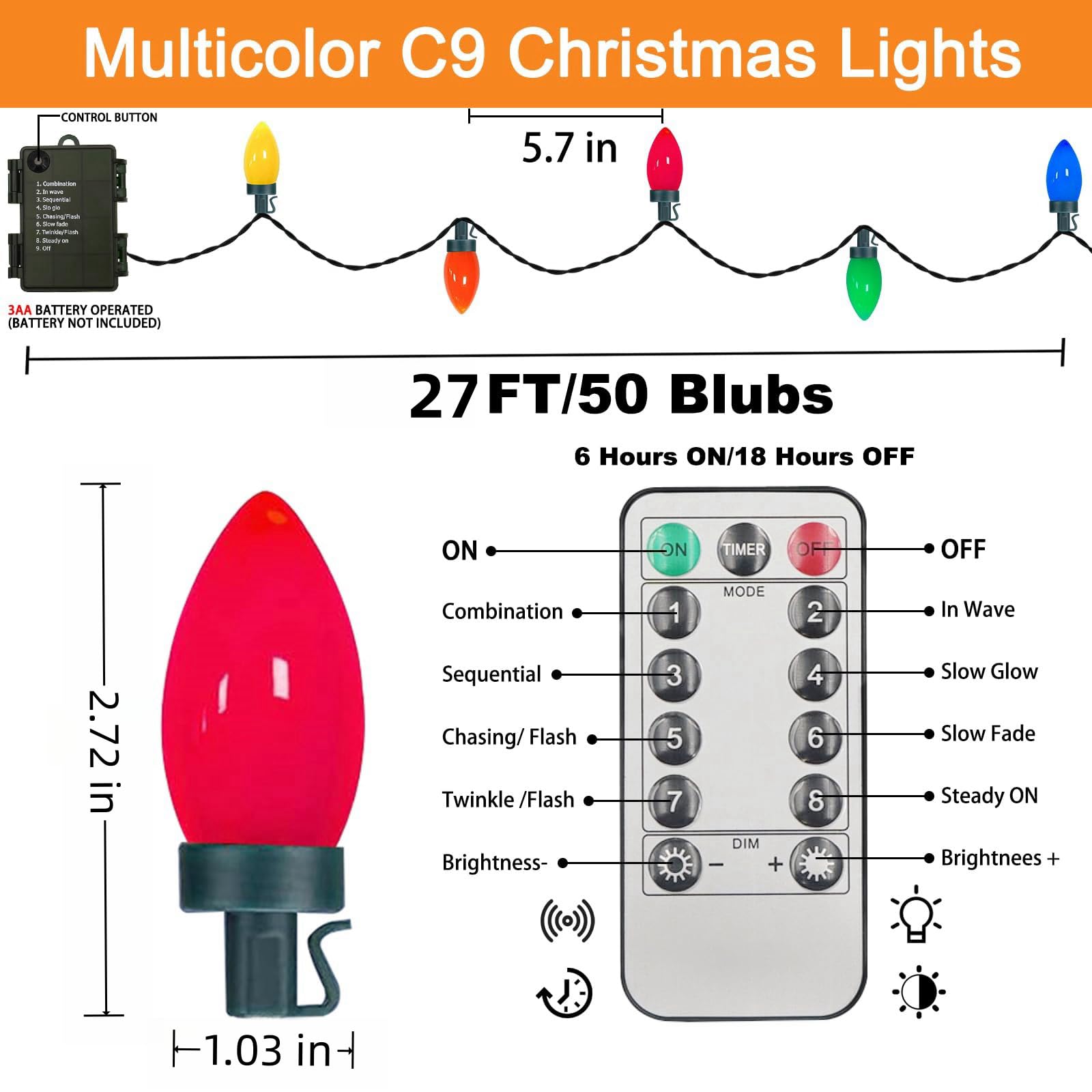 Led Christmas Lights Battery Operated Lights With Remote, 27 Ft C9 String Lights, 8 Mode Twinkle C9 Vintage Christmas Lights Wit