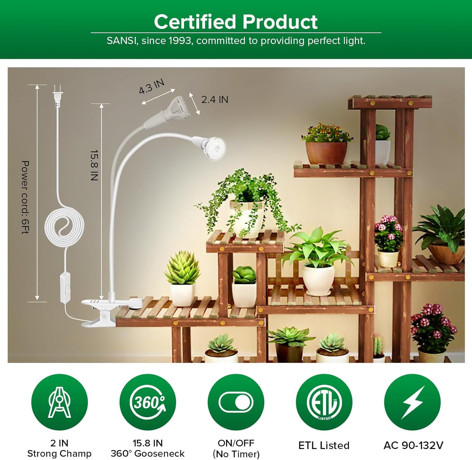 SANSI LED Grow Light, 150W Full Spectrum Clip-on, Gooseneck Design, Ceramic Material, White, Model C21GL-GE26-10W