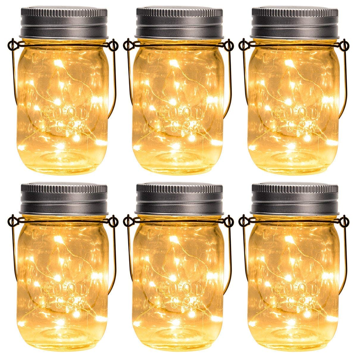 GIGALUMI Hanging Solar Mason Jar Lights, 30 LED, Waterproof, 6 Pack, White, Model 6889, Outdoor Decor for Garden and Patio