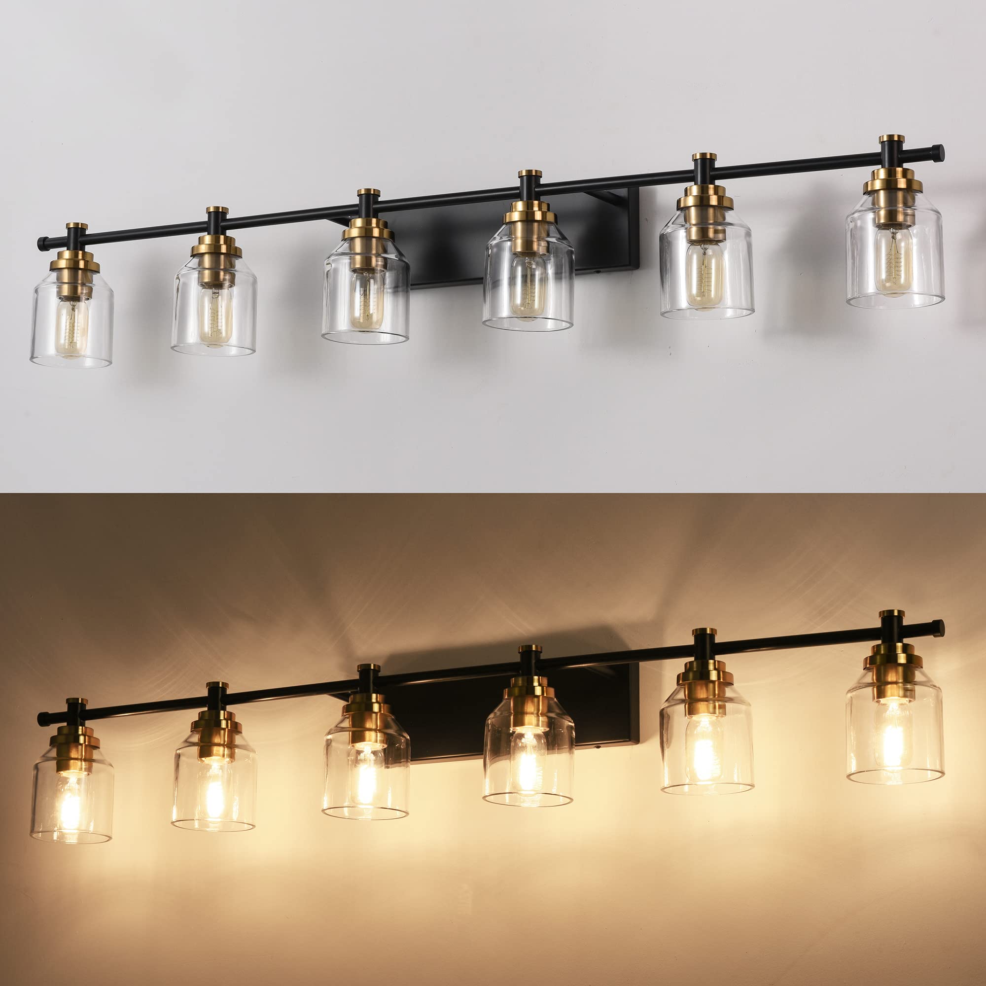 SOLFART 6-Lights Vintage Bathroom Vanity Light Fixture, Black Brass, Clear Glass, Model 7900-6T