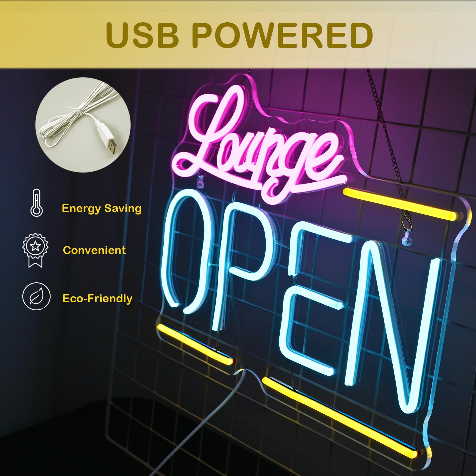 Wanxing Lounge Open Neon Sign, Bright LED Light, Dimmable, USB Powered, 16.5in  x 12.2in , Colorful Acrylic