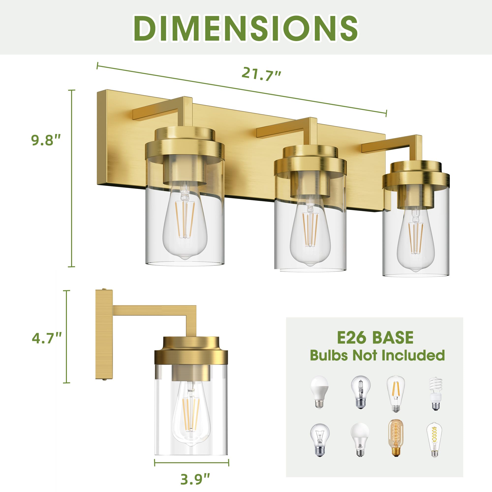 Espird 3-Light Bathroom Vanity Lighting Fixtures, Brass with Glass Shades, Model L08-3-TONG