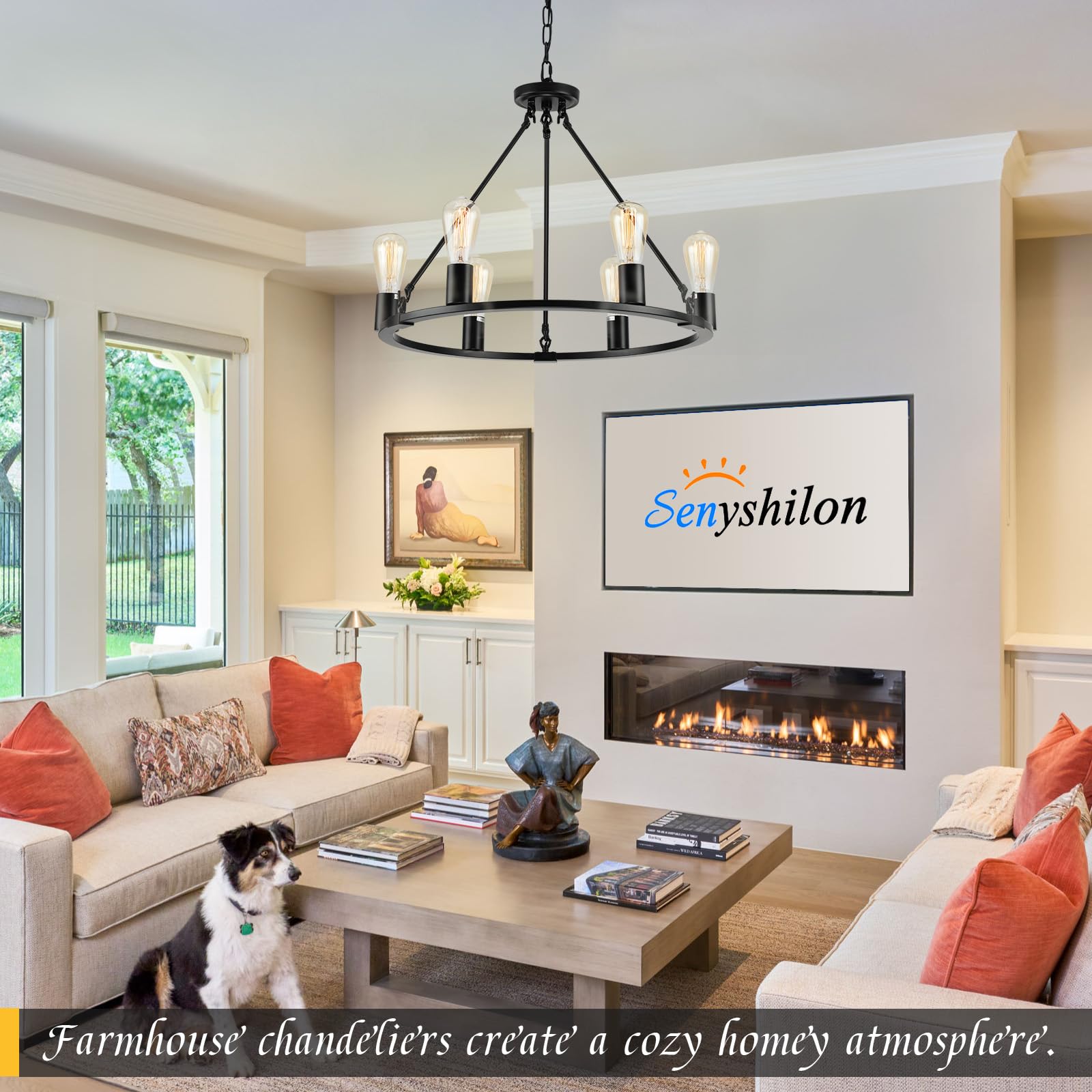 Senyshilon Black Chandelier, 6-Light Round Farmhouse Lighting Fixture, 24" Diameter for Dining Room, Living Room, Kitchen Island