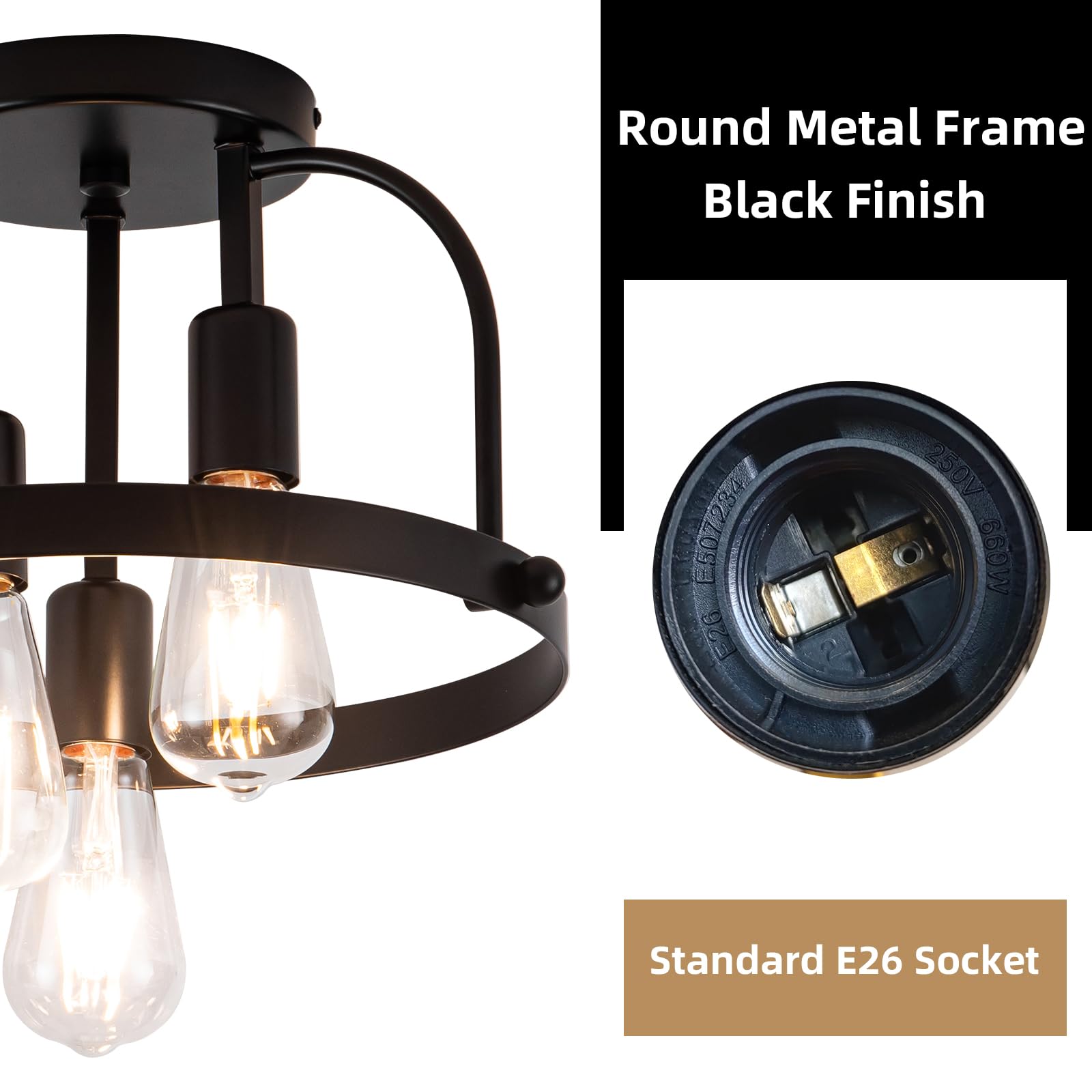 Fengkedu 3 Light Industrial Ceiling Light Black Semi Flush Mount Lights Close To Ceiling Light Fixtures Cage Design Farmhouse Ceiling Lighting For Kitchen Bedroom Bathroom Foyer Hallway (E26  1Pack)