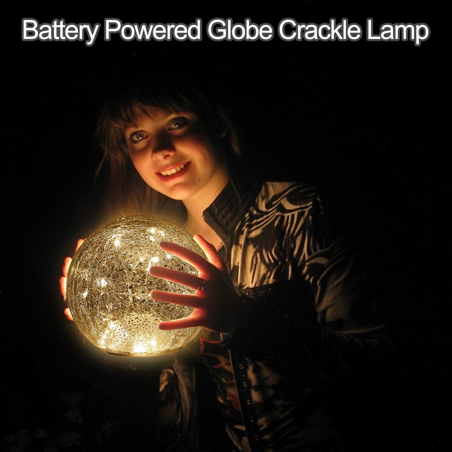 IdealXmas Glass Mercury Crackle LED Globe Ball Lamp - Battery Operated Night Light, Warm White, Model CA3291, Perfect for Gifts and Decor
