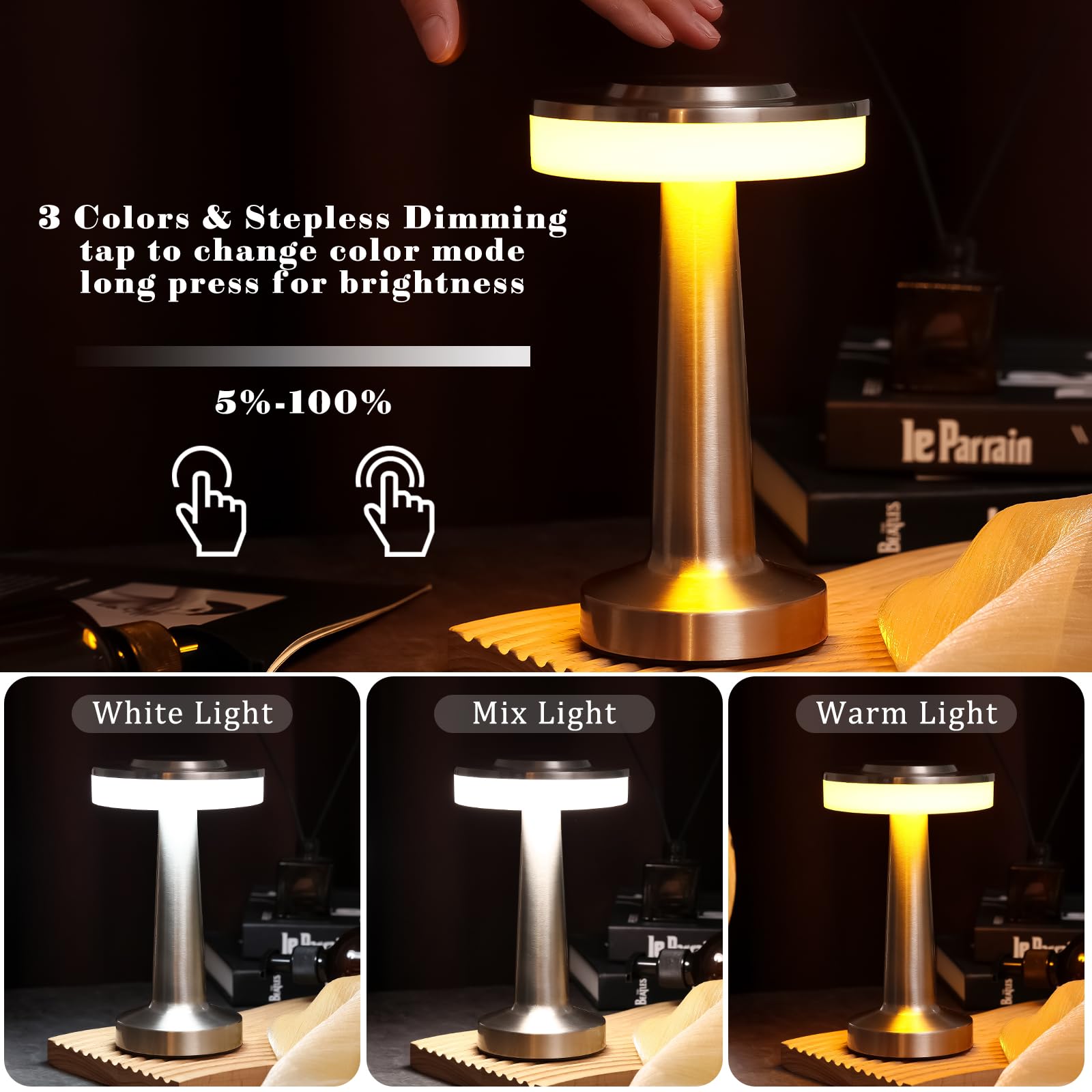 Vihose 12 Pcs Silver Cordless Table Lamps Led Portable Table Lamp With Touch Sensor 3 Color Dimming Up To 15 Hours Rechargeable