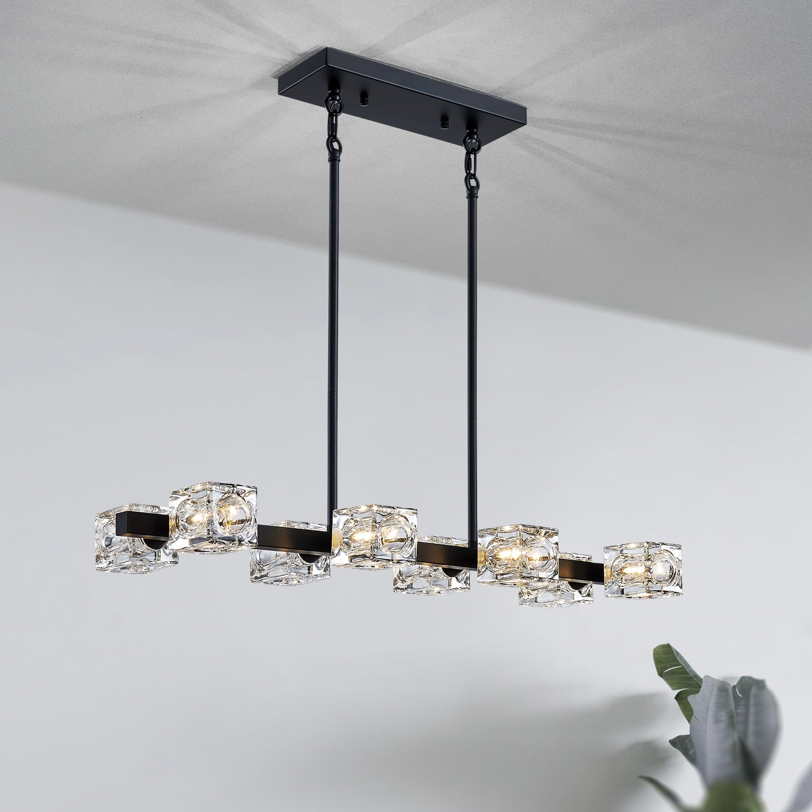 Xingqi Modern Glass Chandeliers For Dining Room Rectangular Black 8-Light Linear Pendant For Lighting Kitchen Island Living Room