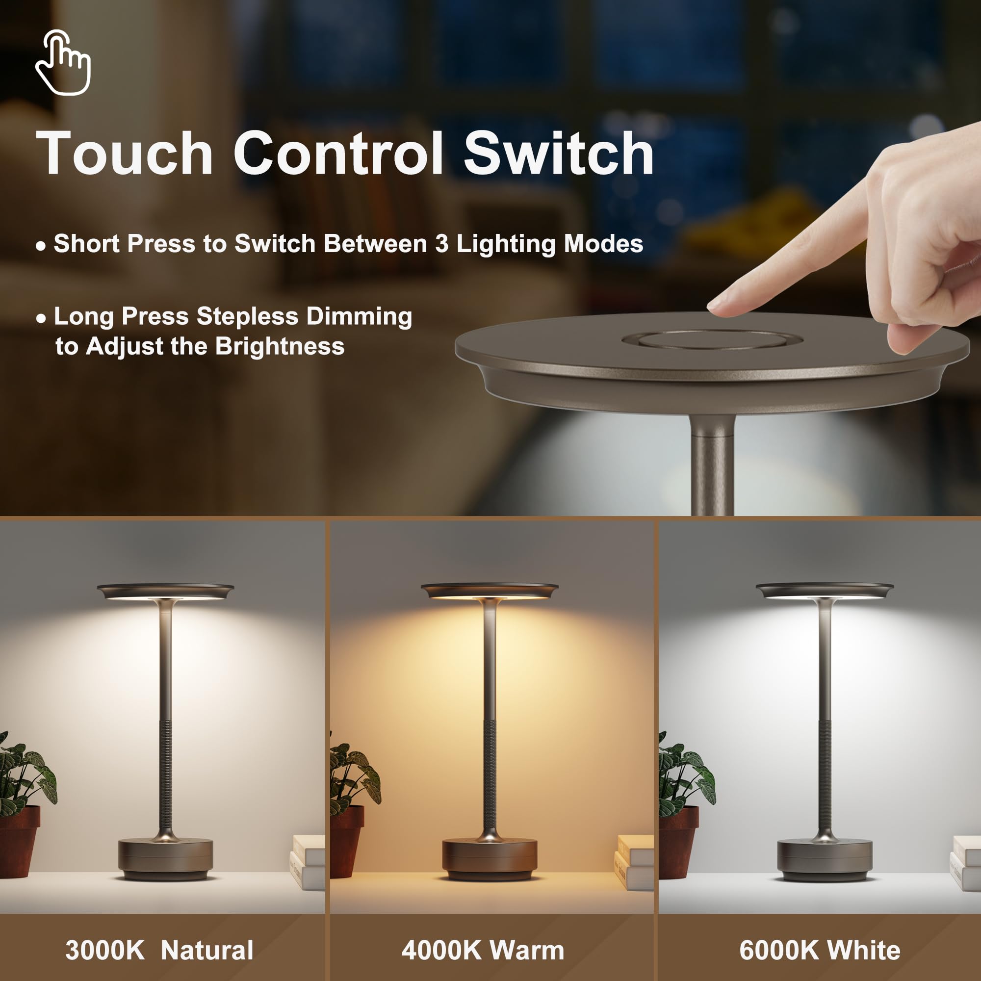 Fdidc 2 Pack Cordless Table Lamps Rechargeable, Portable 5000Mah Led Table Light, 3 Color Stepless Dimming Battery Powered Table