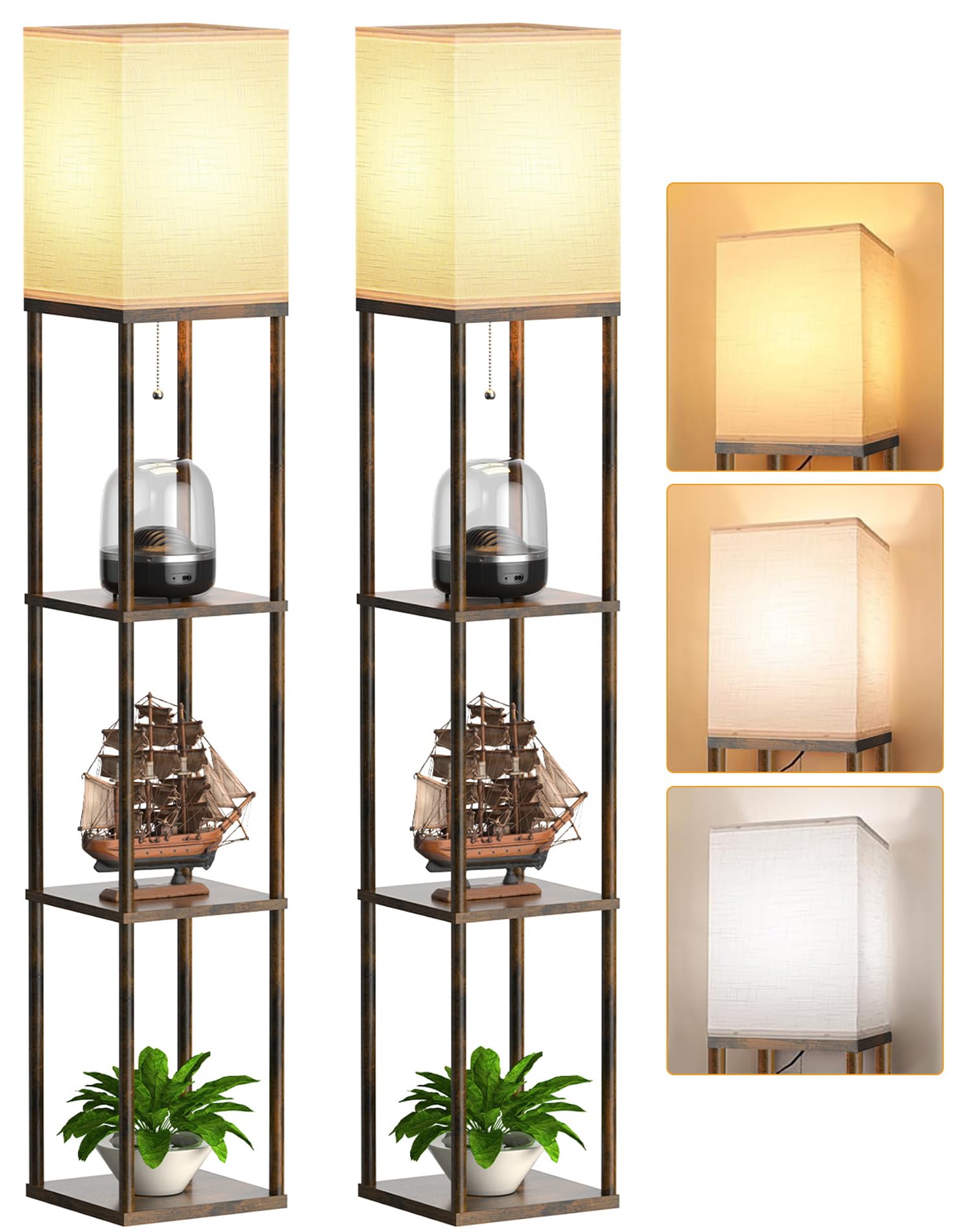 PARTPHONER Floor Lamp with Shelves for Living Room 2 Pack, Shelf Floor Lamp with 3 CCT LED Bulb, Corner Display Standing Column 