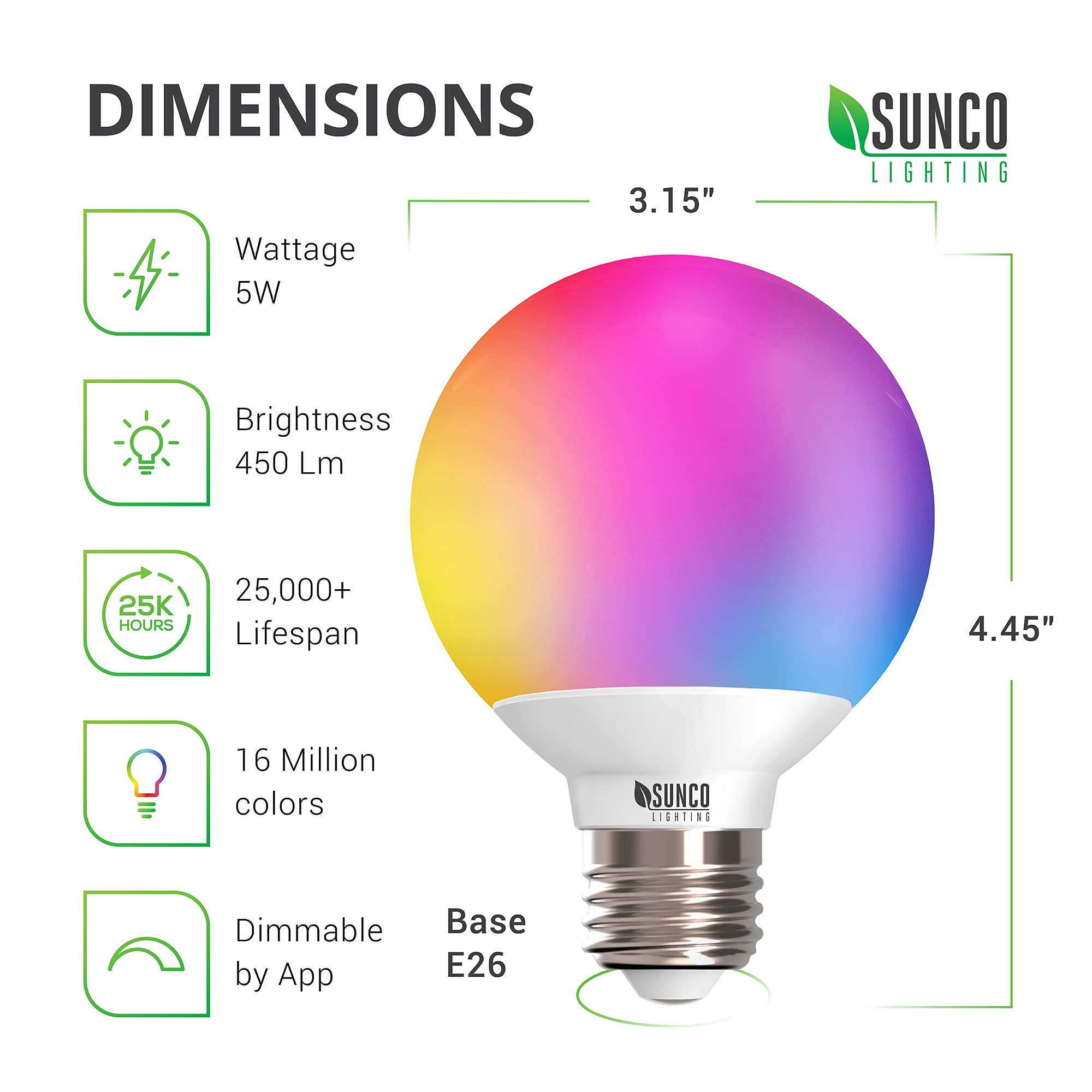 Sunco Smart Globe Bulbs G25 LED, 5W, Color Changing RGBCW, Dimmable, 2 Pack
