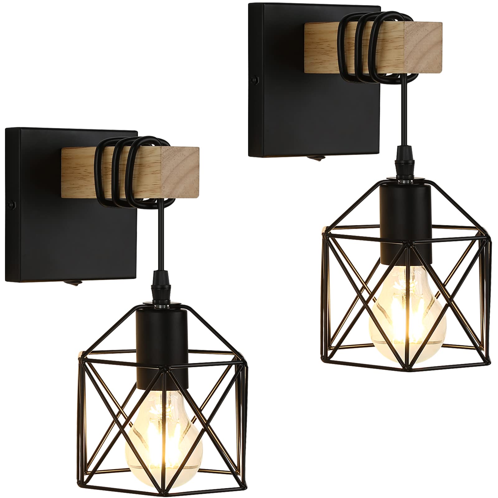 Lightess Black Wall Sconce Pack of 2, Dimmable Metal Cage Fixture, Model LG9939389