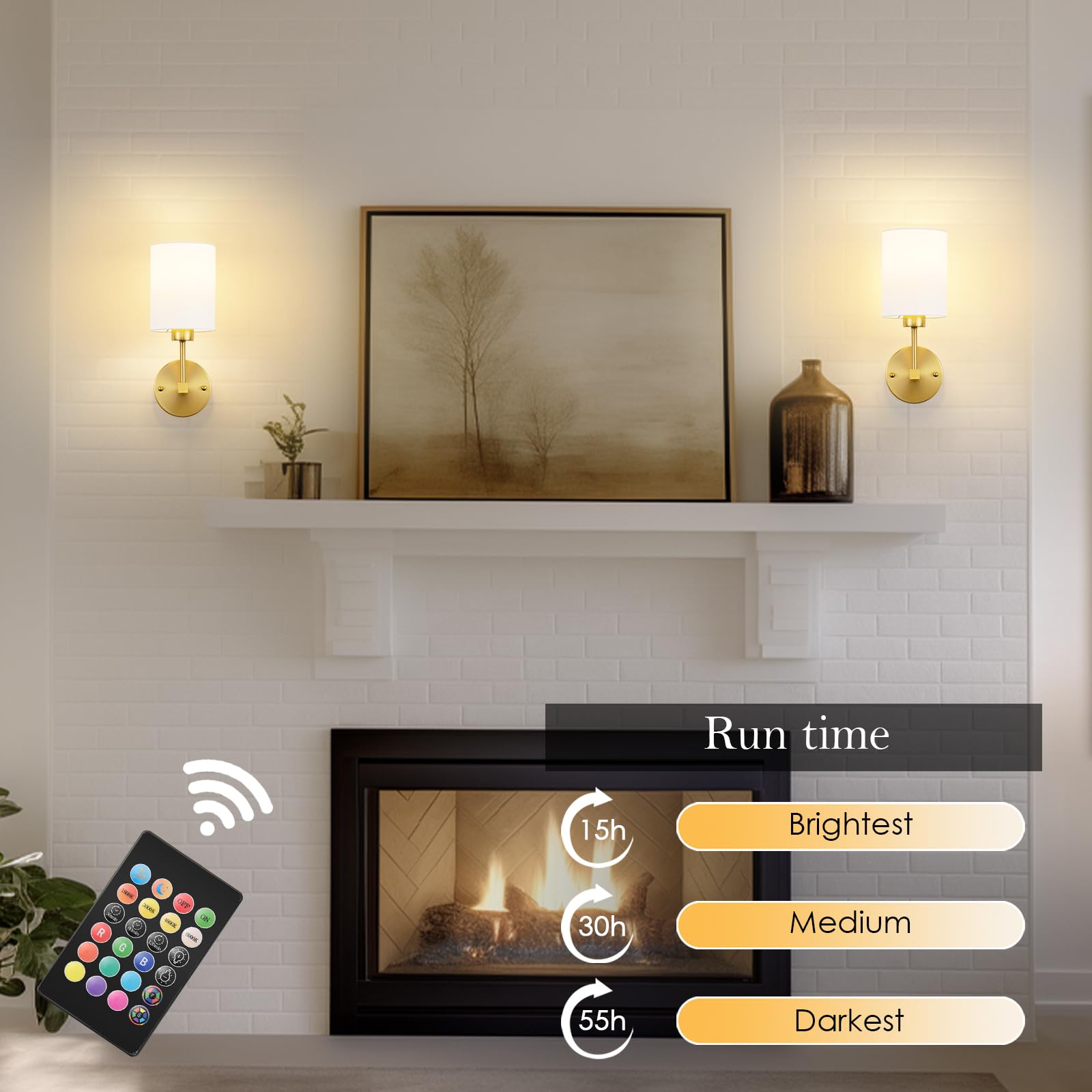KARTOOSH Battery Operated Wall Sconce Set of Two, Wireless, Dimmable, 13.5 Inch, Brass, Model ZM213BBS35-N1