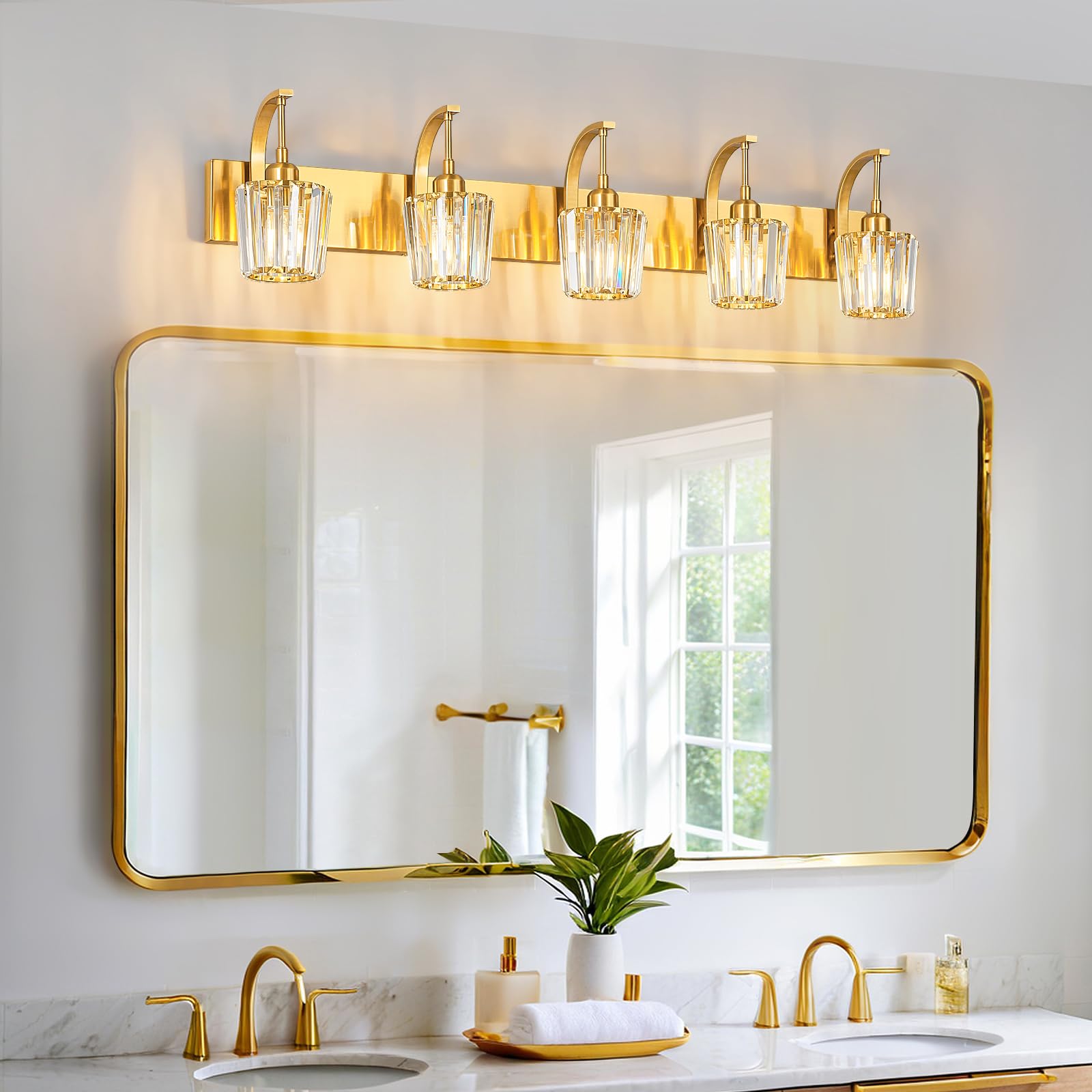 Fdpby Modern Bathroom Vanity Light  5-Light Gold Wall Sconce With Crystal Accents  Over Mirror Bathroom Lighting Fixture  42.52 Long Dimmable Vanity Lamp For Makeup  Easy Installation