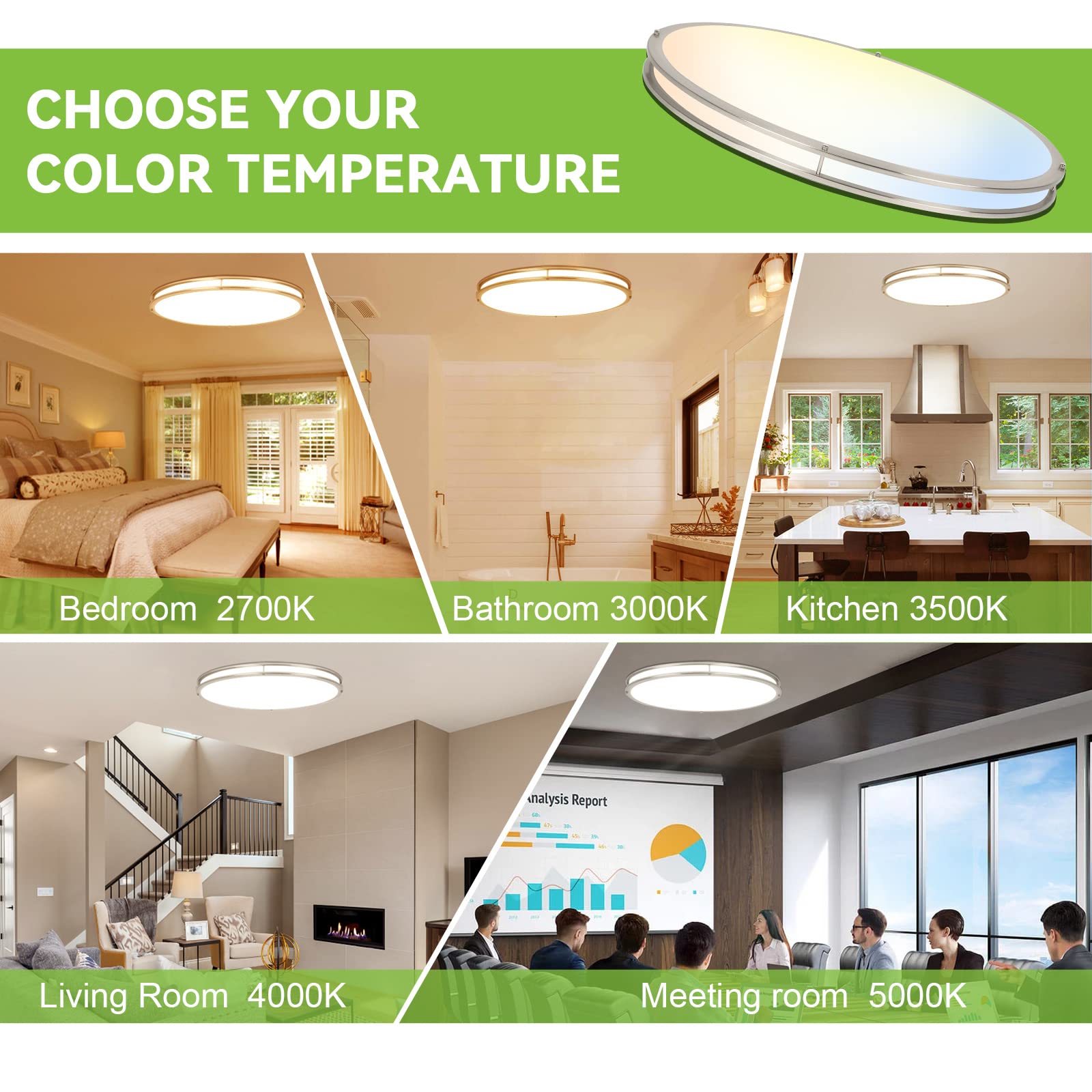 Hykolity 32 Inch Oval Led Ceiling Light, 60W, 4000Lm, 2700K/3000K/3500K/4000K/5000K Adjustable, Brush Nickel Finish Dimmable Flu