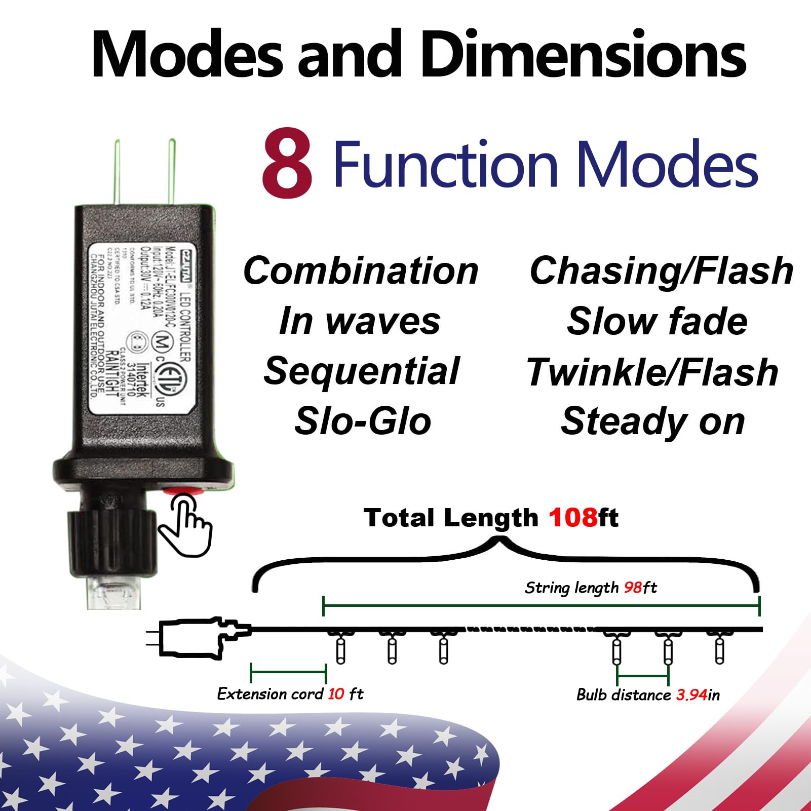 Illuminew 4Th Of July Decorations 300 Led Red White And Blue String Lights Plug-In, 8 Modes 108Ft Independence Day Fairy Lights