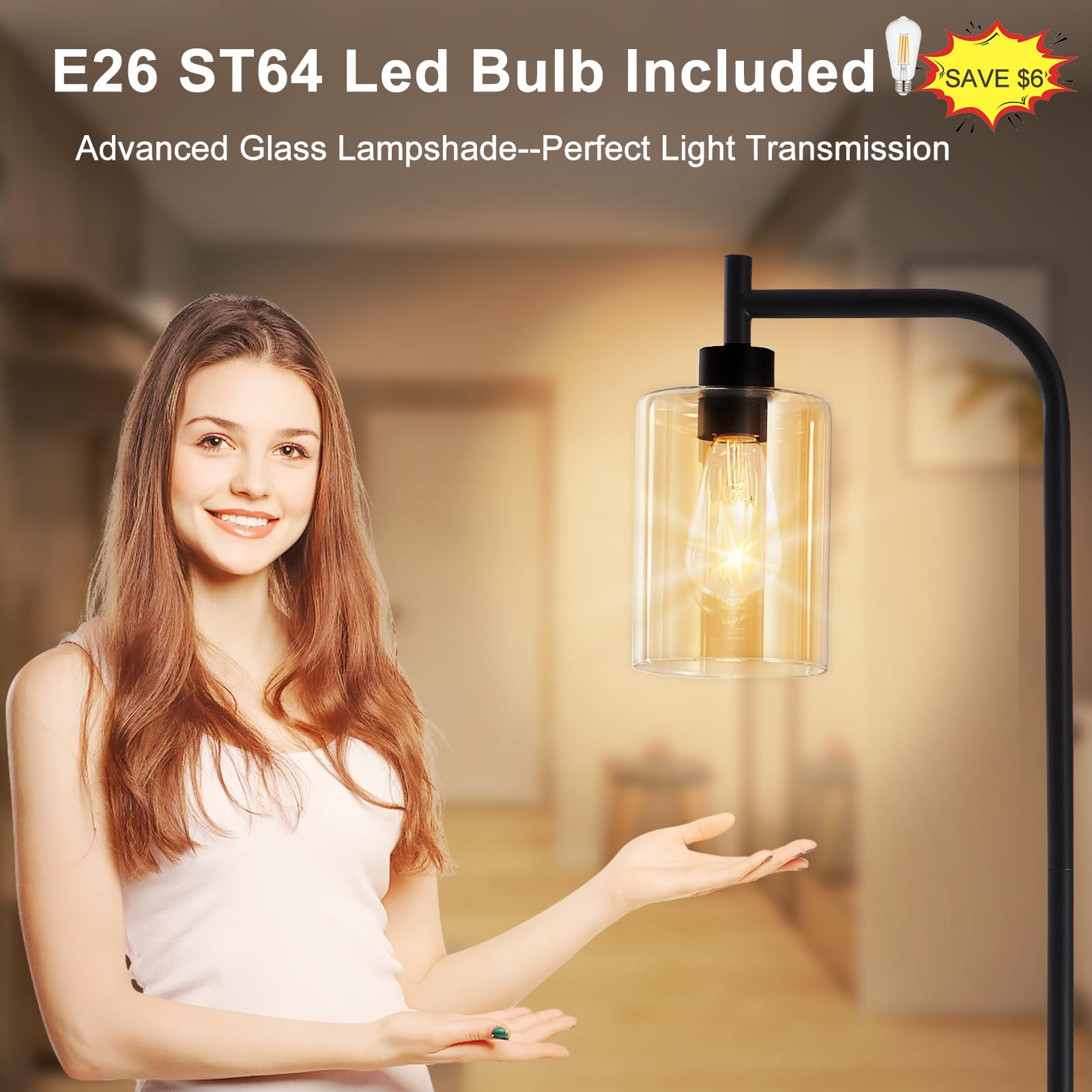 DINGLILIGHTING Tall Floor Lamp - Black Metal with Amber Glass Shade, Model WSFLL005-BK-3, Ideal for Living Room or Office