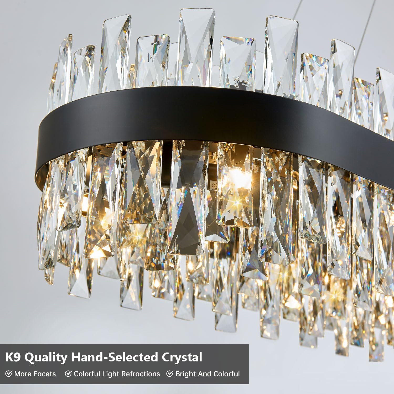 TMAFON Modern Black Crystal Chandelier, Rectangle 35.4" K9 Raindrop Light Fixture for Dining Room & Kitchen Island