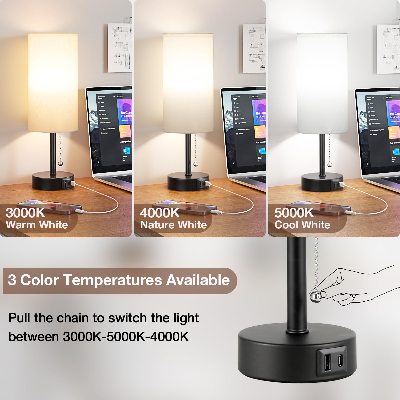 White Bedside Lamps For Bedroom Set Of 2 - Nightstand Table Lamp With Usb A + C Charging Port, 3 Color Temperatures Pull Chain N