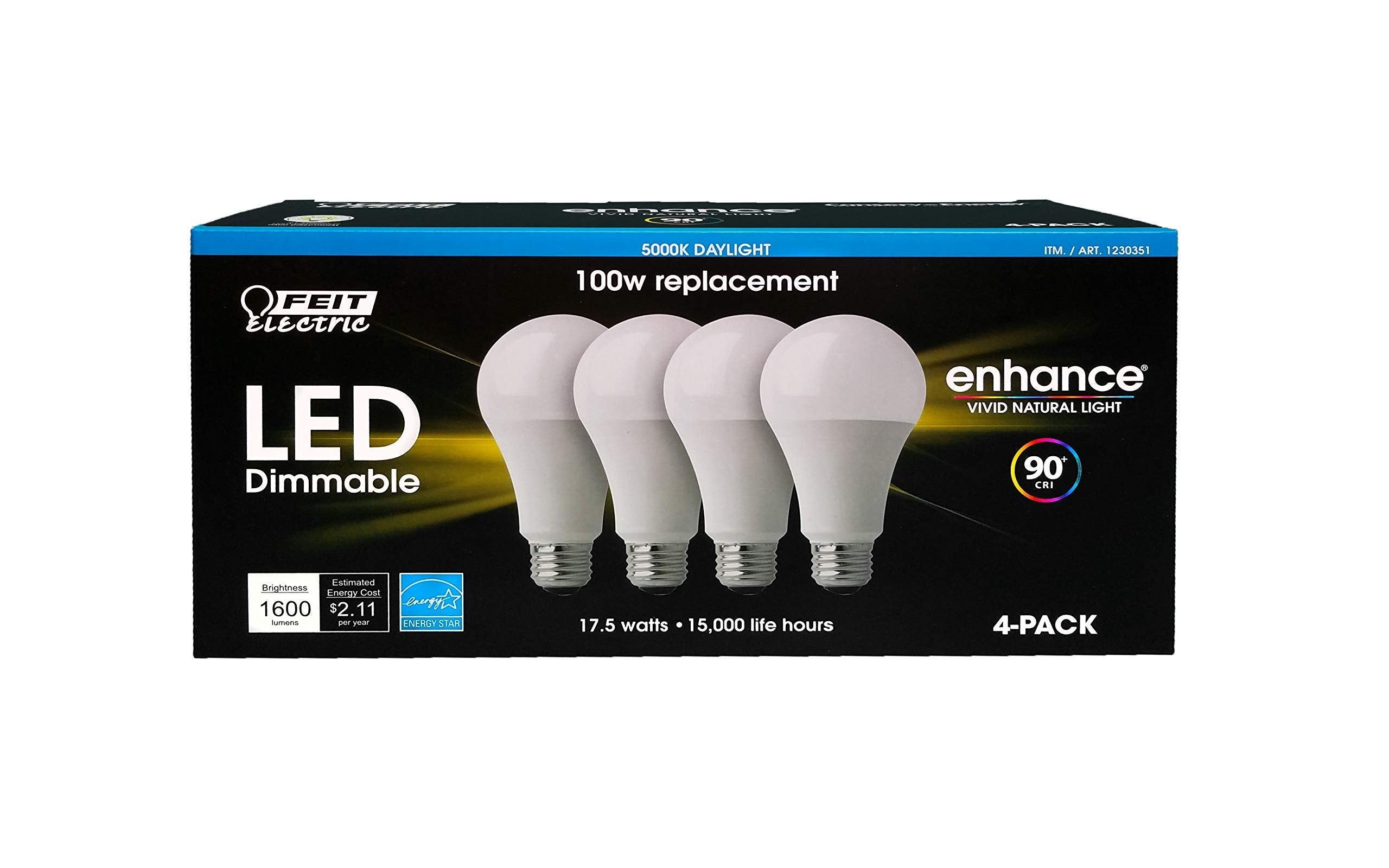 Feit Electric Dimmable LED Bulbs 5000K Daylight 100W Replacement 17.5W 4-Pack White Model CEOM100/950/4