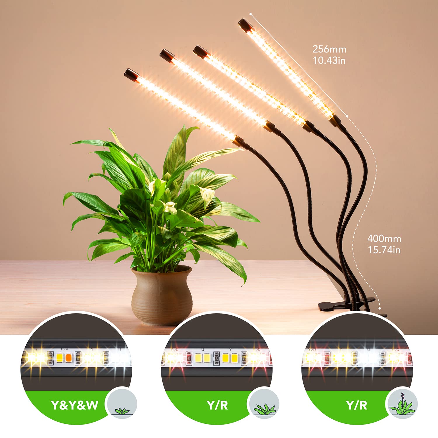 Growstar Plant Lights For Indoor Growing, Full Spectrum 4 Heads Clip Grow Lamps With 10 Feet Cables For Houseplants, Auto On Off