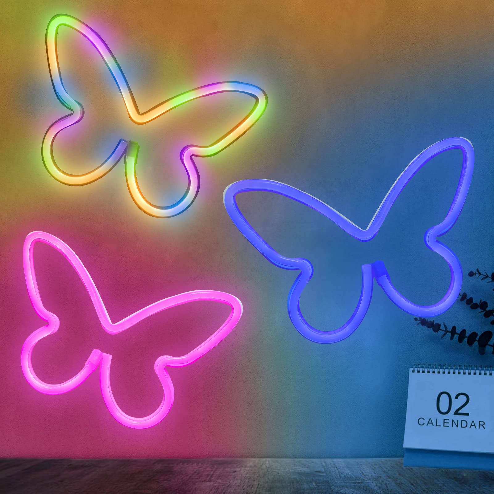 BRIGHTDECK Neon Signs - 3 Pcs Butterfly LED Wall Decor, USB/3-AA Battery Powered, 5 inches, Pink/Blue/Colourful