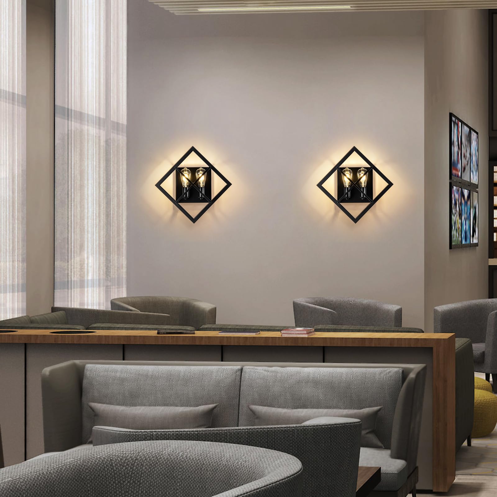 Fengkedu 2 Light Farmhouse Wall Sconces Set Of Two Black Metal Wall Light With Square Cage Hardwired Wall Mount Lamp For Bedroom