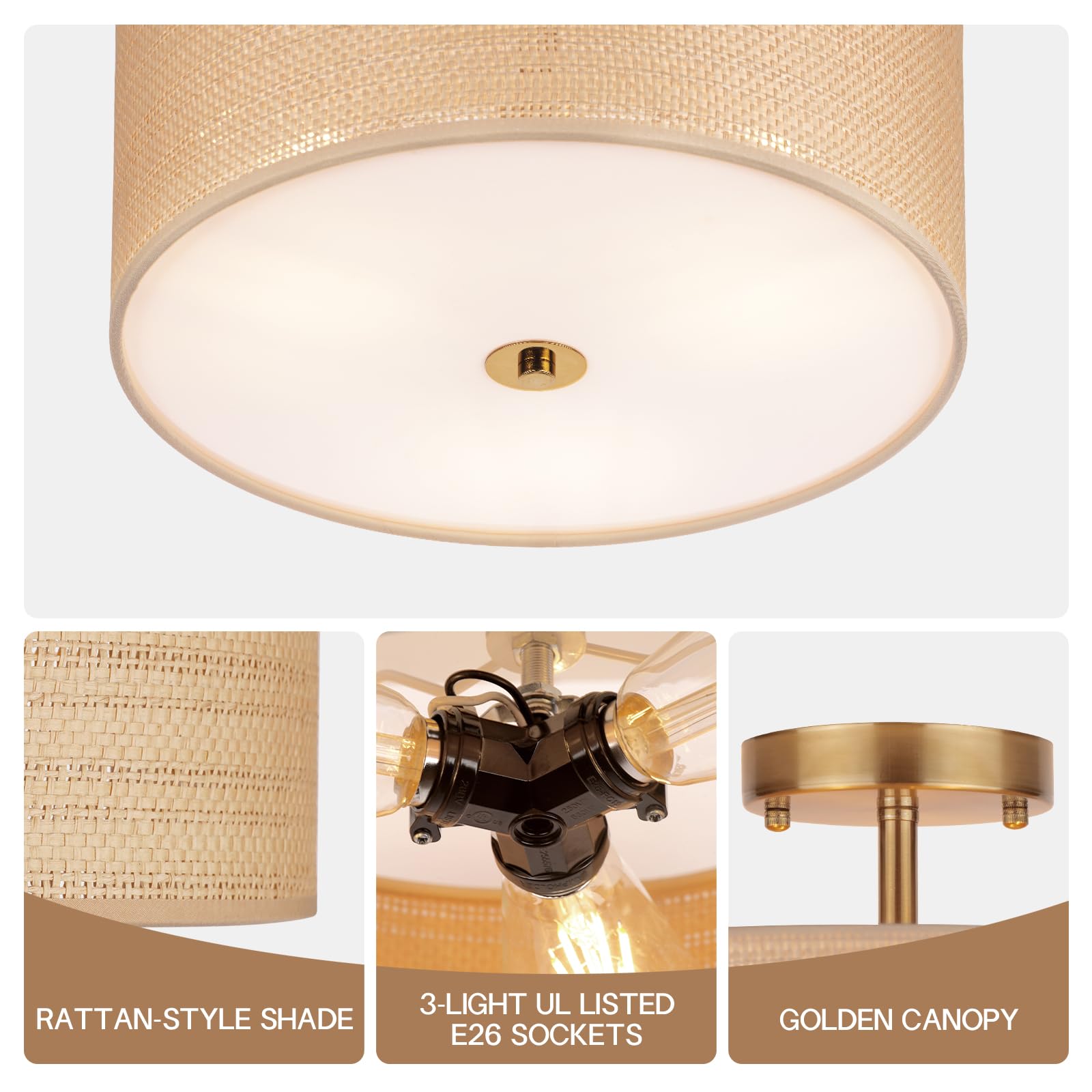 Clarsyne 13 Boho Woven Rattan Ceiling Light Fixture  3-Light Semi Flush Mount Modern Drum Lamp With Beige Fabric Shade  Rustic Lighting For Bedroom  Living Room  Dining Room  Hallway And Entryway