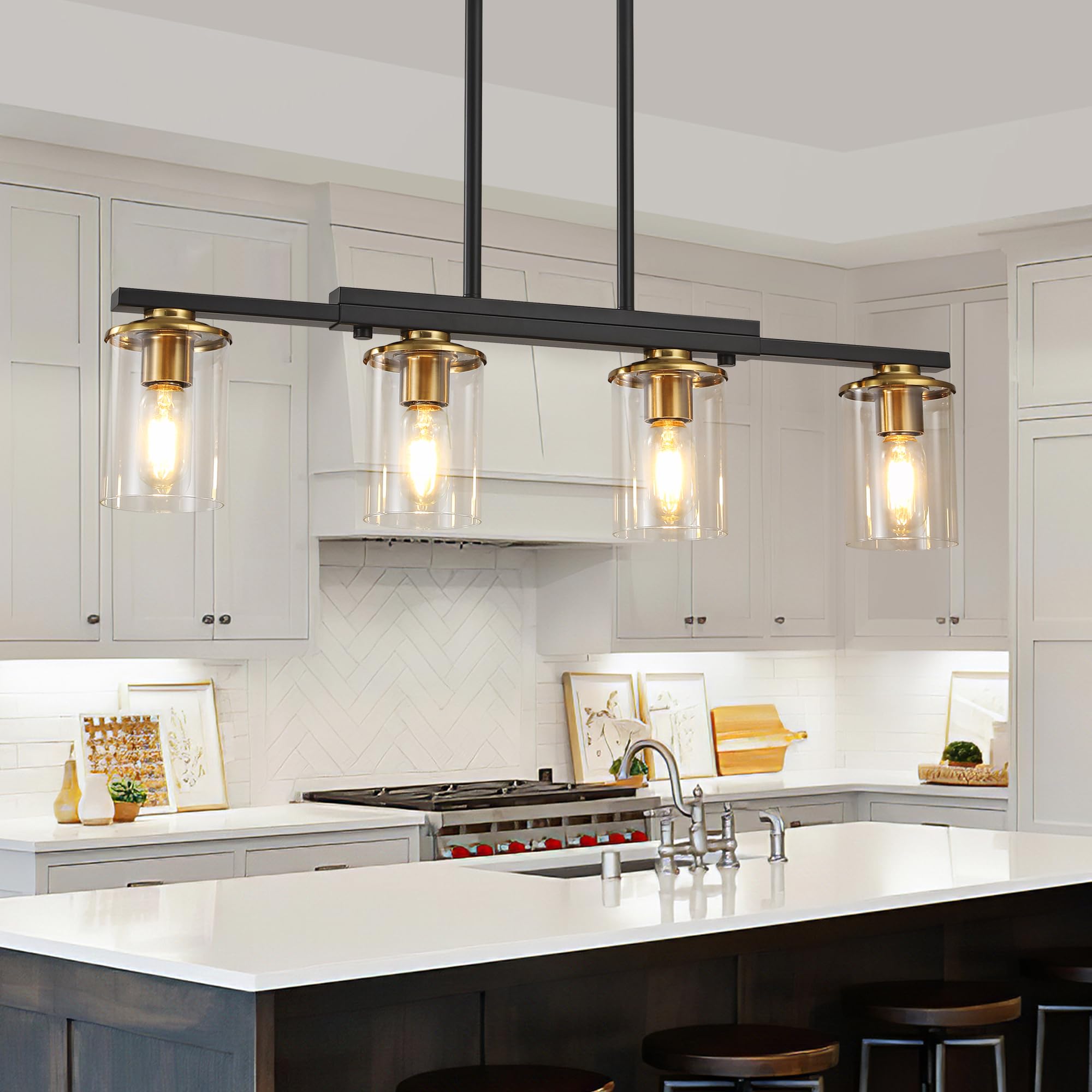 XvmBvm 4-Light Kitchen Island Lighting,Dining Room Lights Modern Farmhouse Chandelier with Clear Glass Shade,Modern Rustic Black