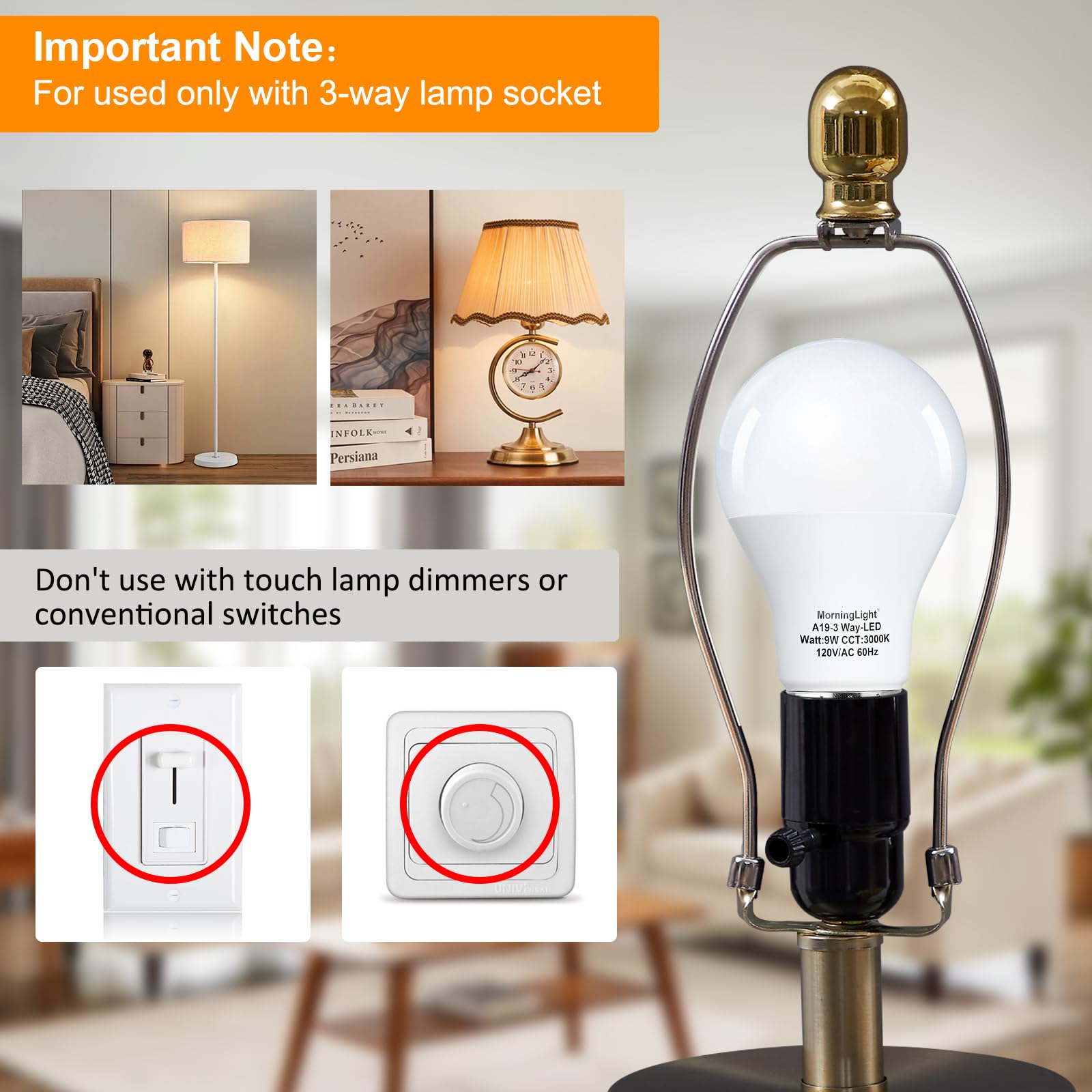 Morninglight A19 3-Way Led Light Bulbs 15 40 60Watt Equivalent Soft White 3000K, E26 Base, 9W A19 Three Way Light Bulbs For 3-Wa
