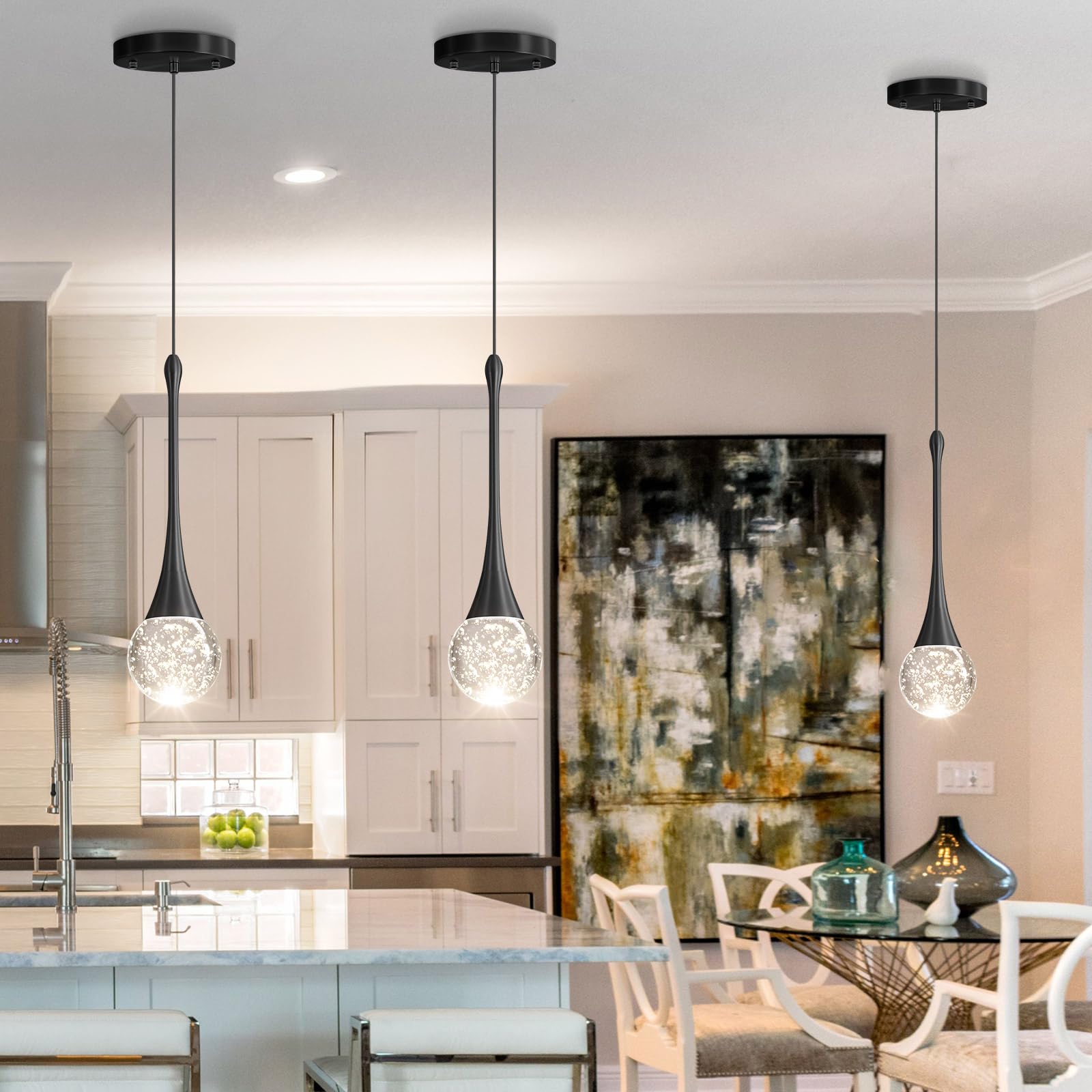 cenozo Modern Pendant Light - LED Dimmable Crystal Ceiling Lamp, 1 Light Round, Black, Model RS2037-1H for Kitchen, Dining, Bedroom
