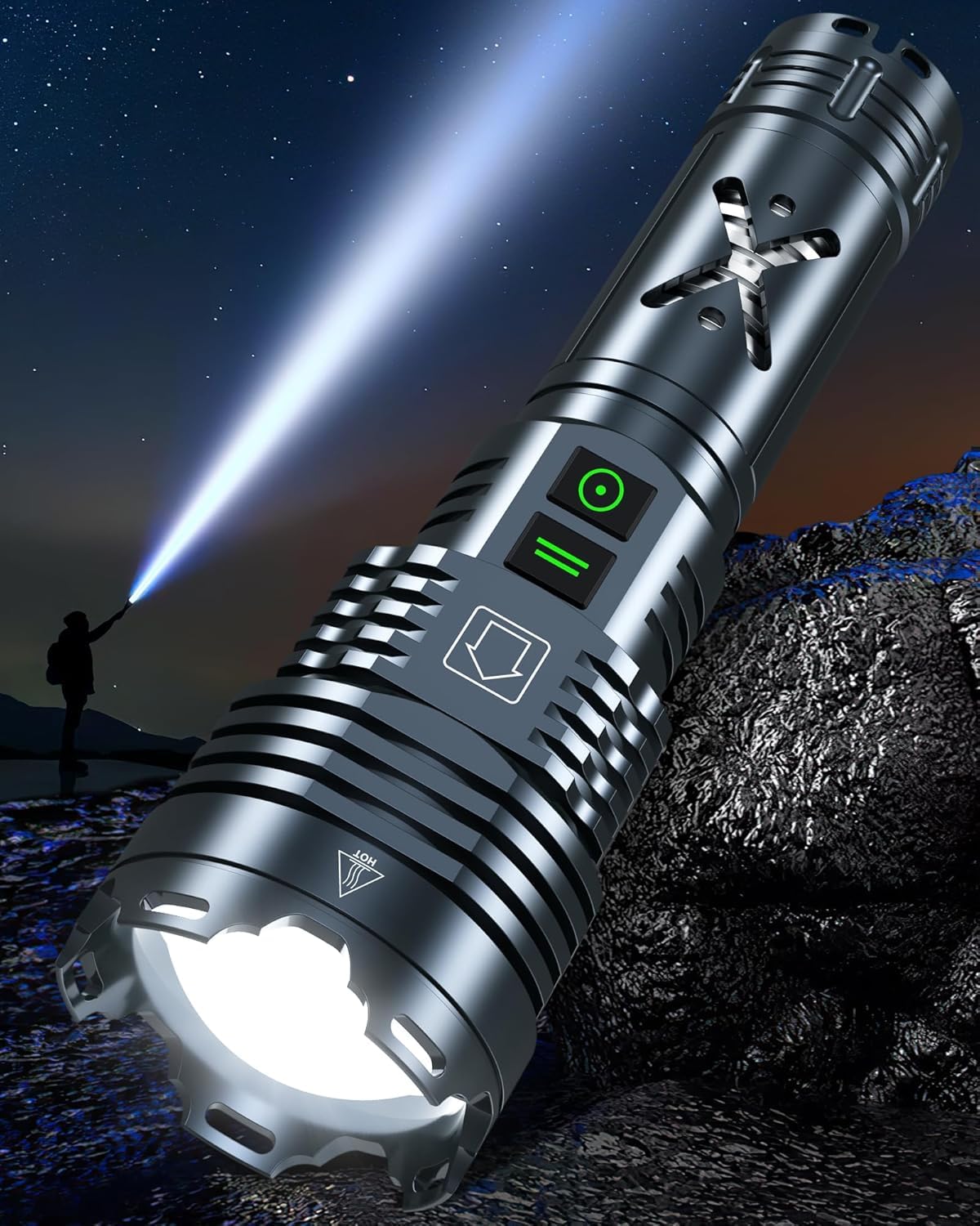 Grentay Super Bright LED Flashlight 5500 Lumens, 6 Modes, Rechargeable, Zoomable, Gray, Model FH-Grentay-XHP160-B