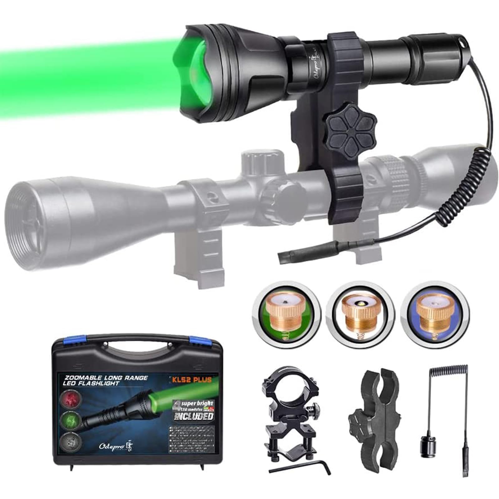 Odepro KL52Plus Zoomable Hunting Light with Red Green White IR850 Interchangeable Modules  Predator Flashlight with Pressure Switch  for Hog Coyote and Varmint Hunting