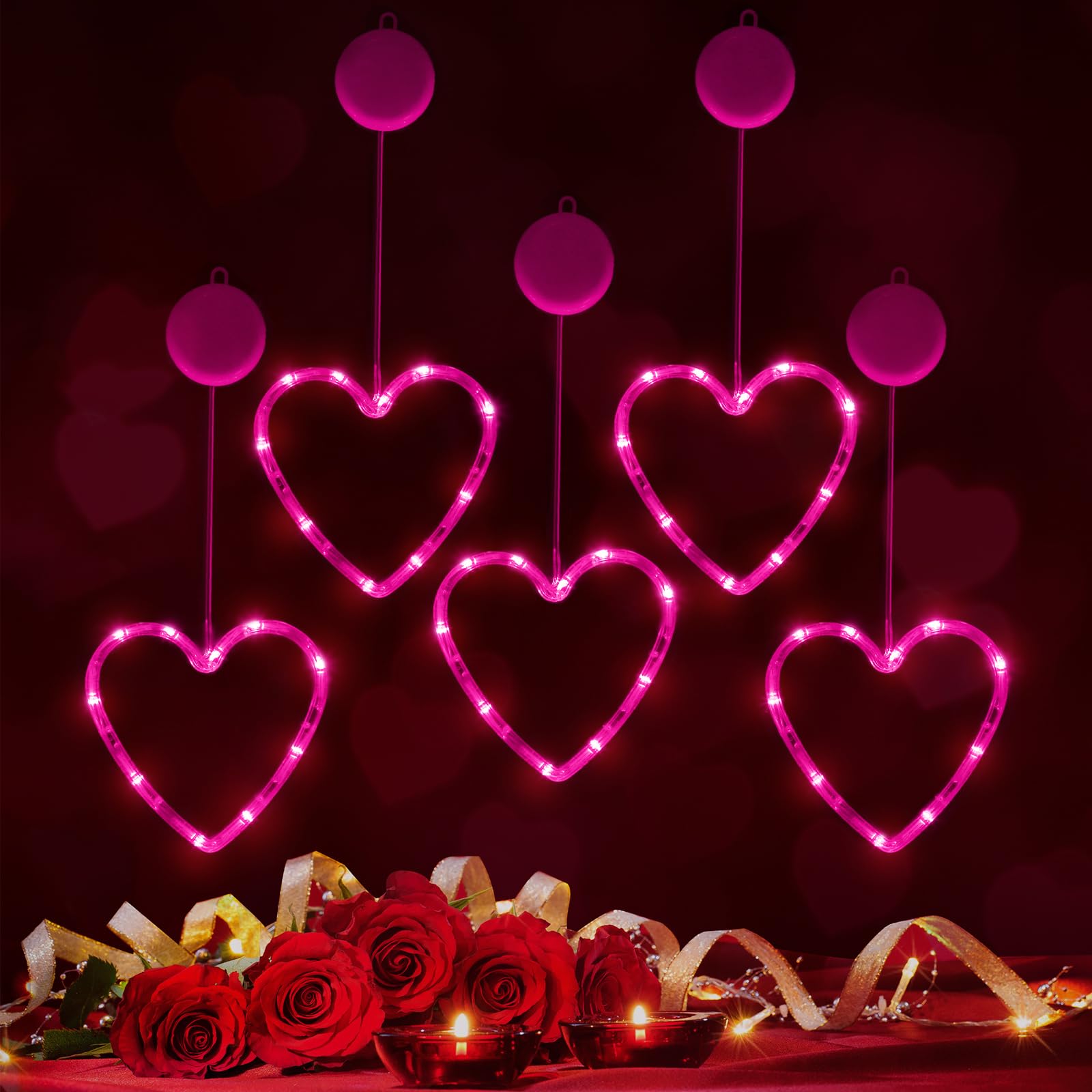 Baquler 5 Pcs Battery Operated Heart LED Lights, Pink, Timed with Suction Cup, Model SIL-Baquler-2028 for Valentines Day Decor