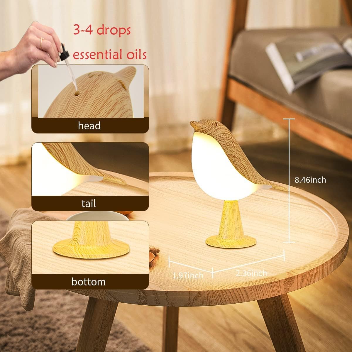 Xhope4u Bird Table Lamp - Remote & Touch Control, 3 Color Temperature, 3-Level Brightness, Rechargeable, Wood Color, 8.46in