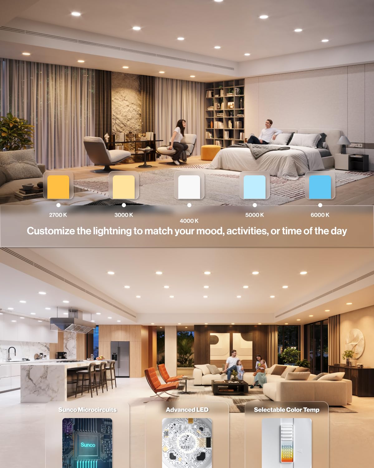 Sunco 6 Pack Led Recessed 6 Inch, High Brightness 1700 Lm, Selectable Cct 2700K/3000K/4000K/5000K/6000K, Dimmable Can Lights, Ba