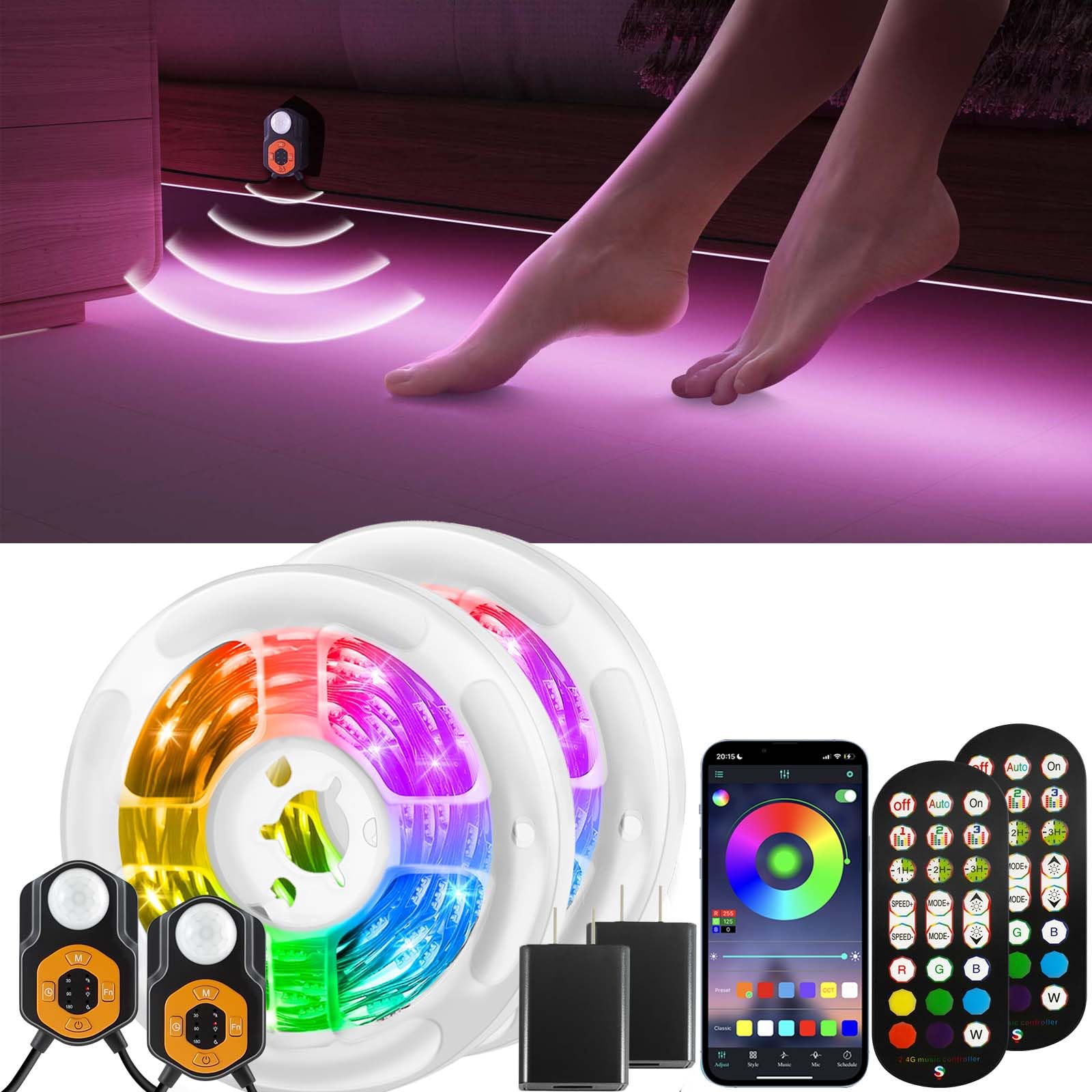 Auplf Under Bed Lights Motion Sensor LED Light Strip, 2x9.84ft 3 Mode RGB Motion Activated Bed Light with Music Sync and Timer, 
