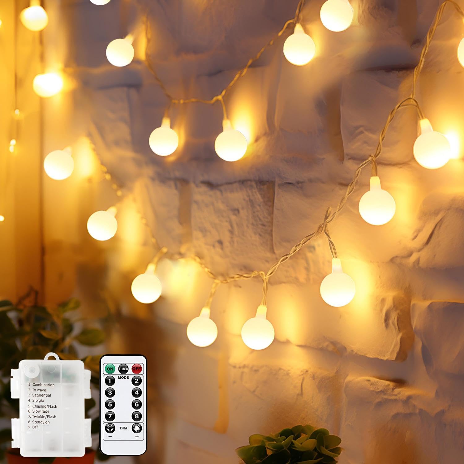 Tasodin 20Ft 40 Led Globe String Lights - Battery Operated, Warm White, 8 Modes, Remote Control