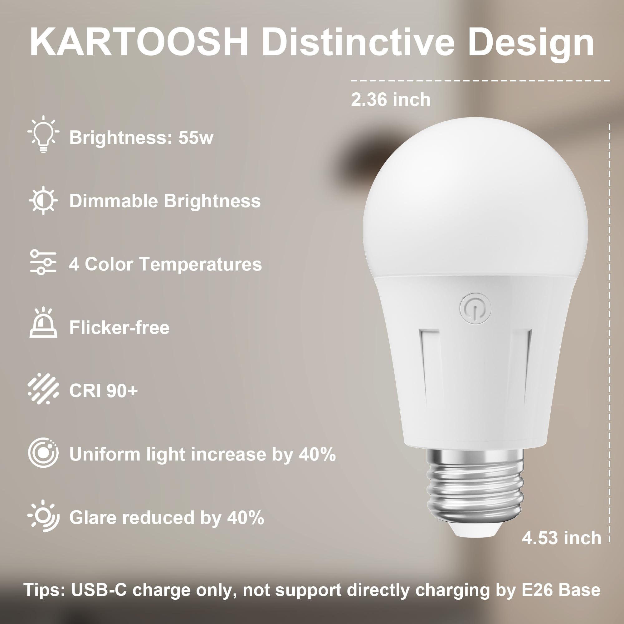 KARTOOSH Rechargeable LED Light Bulbs, E26, Dimmable, 4 Color Temperatures, Remote Control, 6 Pack, White, Model RS323B6-N1