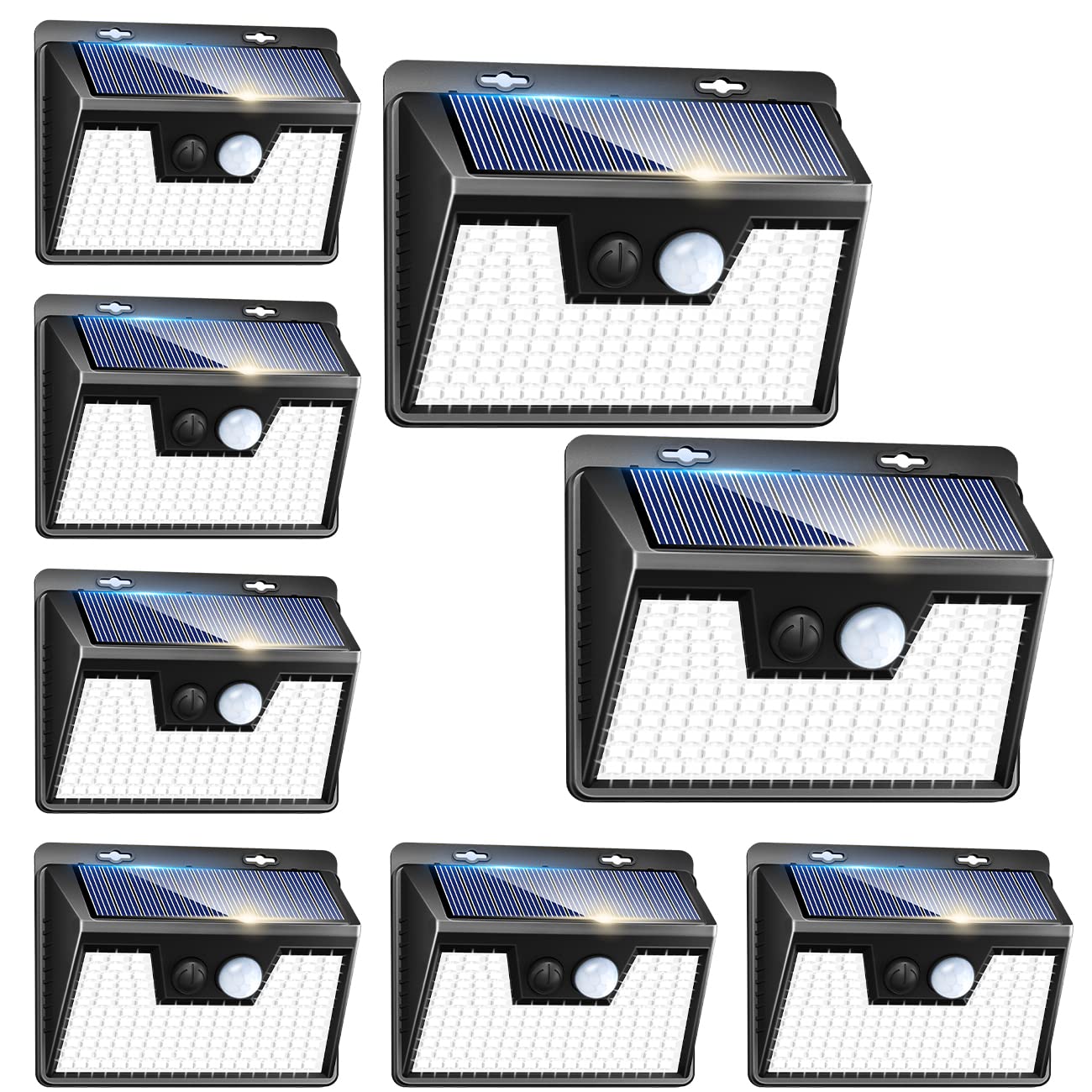 Peasur Solar Powered Motion Sensor Lights, 140 LED, IP65 Waterproof, 8 Pack, Black Frame, Model YHM-01B