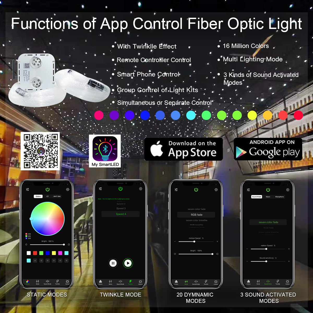 Akepo 32W App Twinkle Dual Head Fiber Optic Lights Kit Music Activated Rgbw Star Ceiling Sky Light, 2000Pcs 16.4Ft/5M 0.03In/0.7