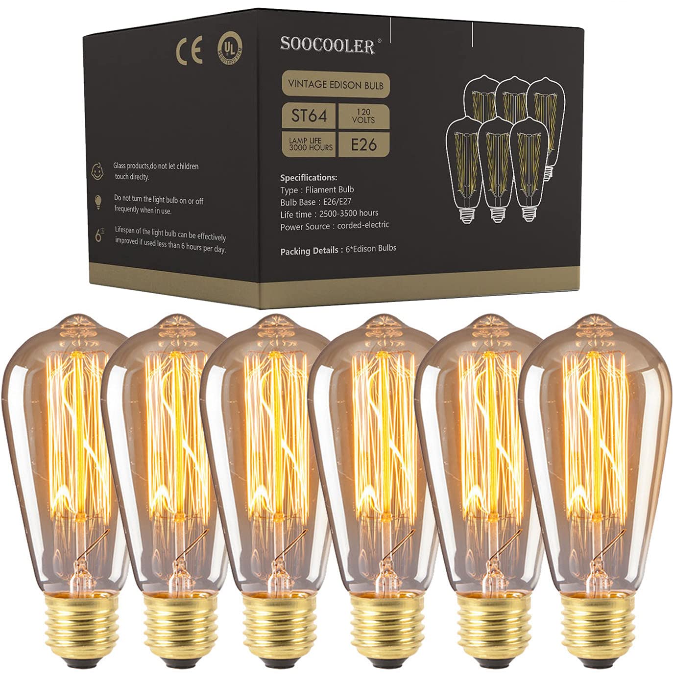 SooCooler Edison Light Bulbs 25W, Clear Glass Vintage Style, Warm White, 6 Pack, Model CpyST64Scool, 2700K