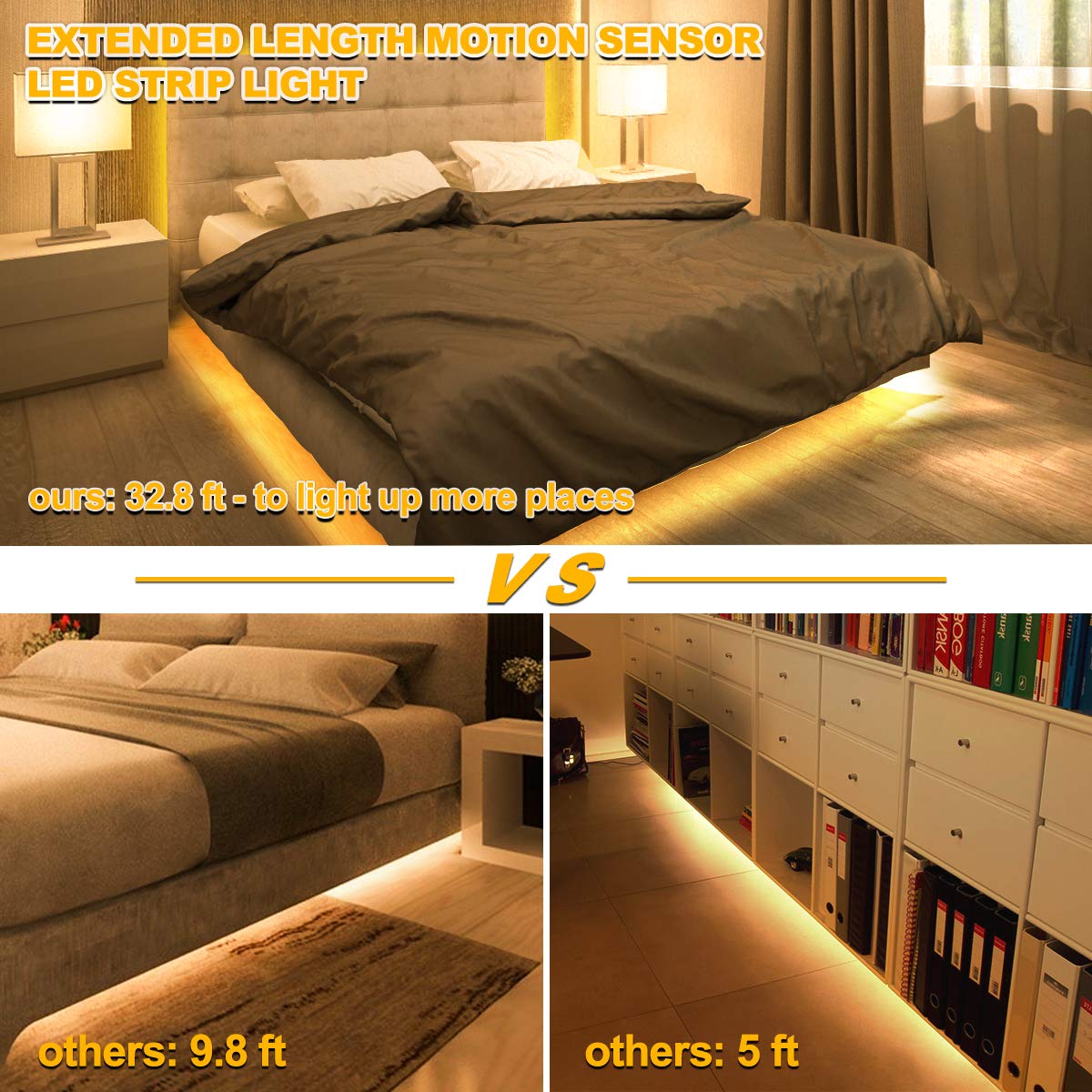 MY BEAUTY LIGHT Motion Activated LED Strip Lights, 32.8FT Warm White, Model RG101, Plastic Material, 2 Lighting Modes, Under Cabinet Use