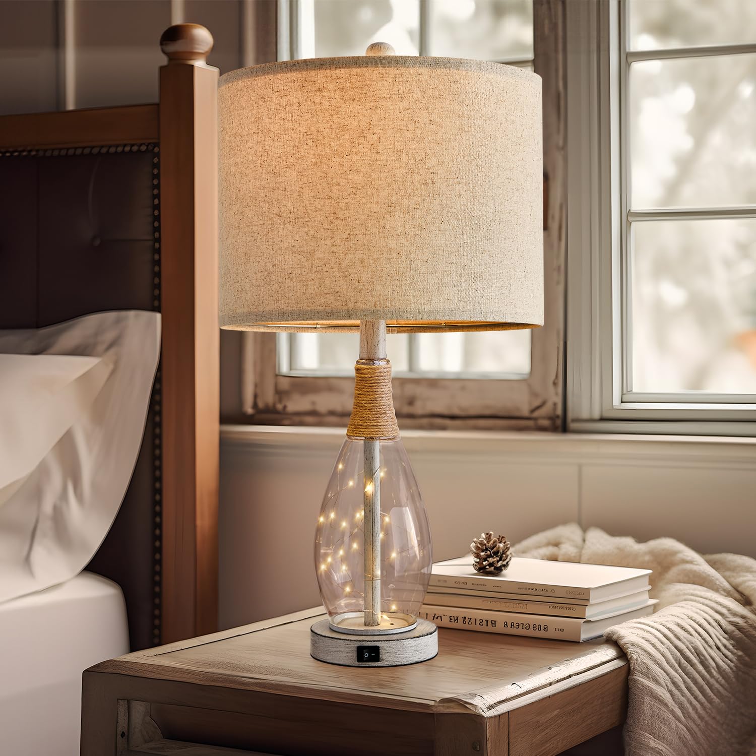 OYEARS 23" USB A+C Table Lamp - Modern White Nightstand Lamp with Rattan & Glass, Retro Design for Bedroom & Living Room - Model AMZ-T1140-U-1